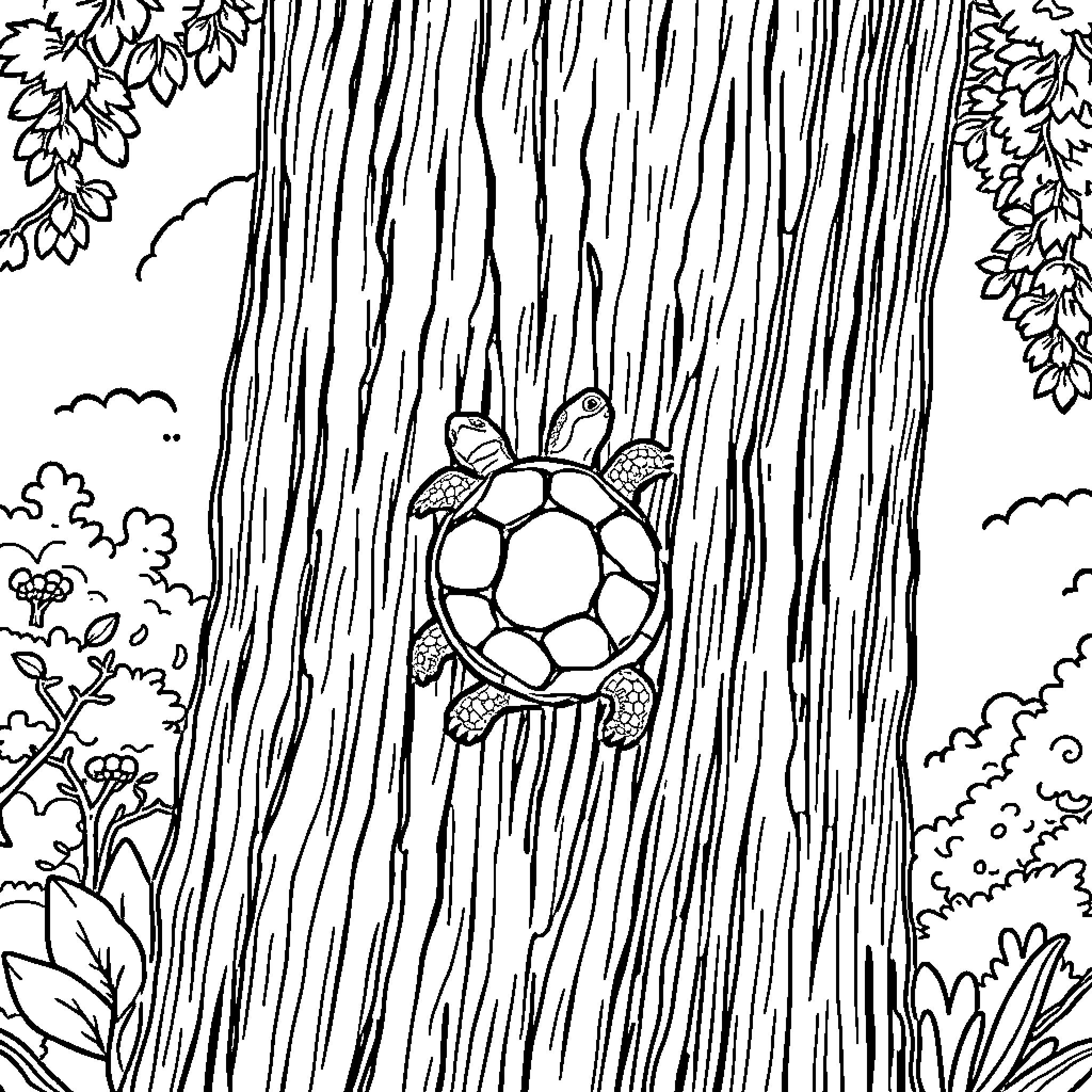 Turtle climbing on tree bark in nature Coloring Page (free black-and-white line drawing printable PDF for all, from beginners to advanced learners, including children, teens, adults, and seniors)