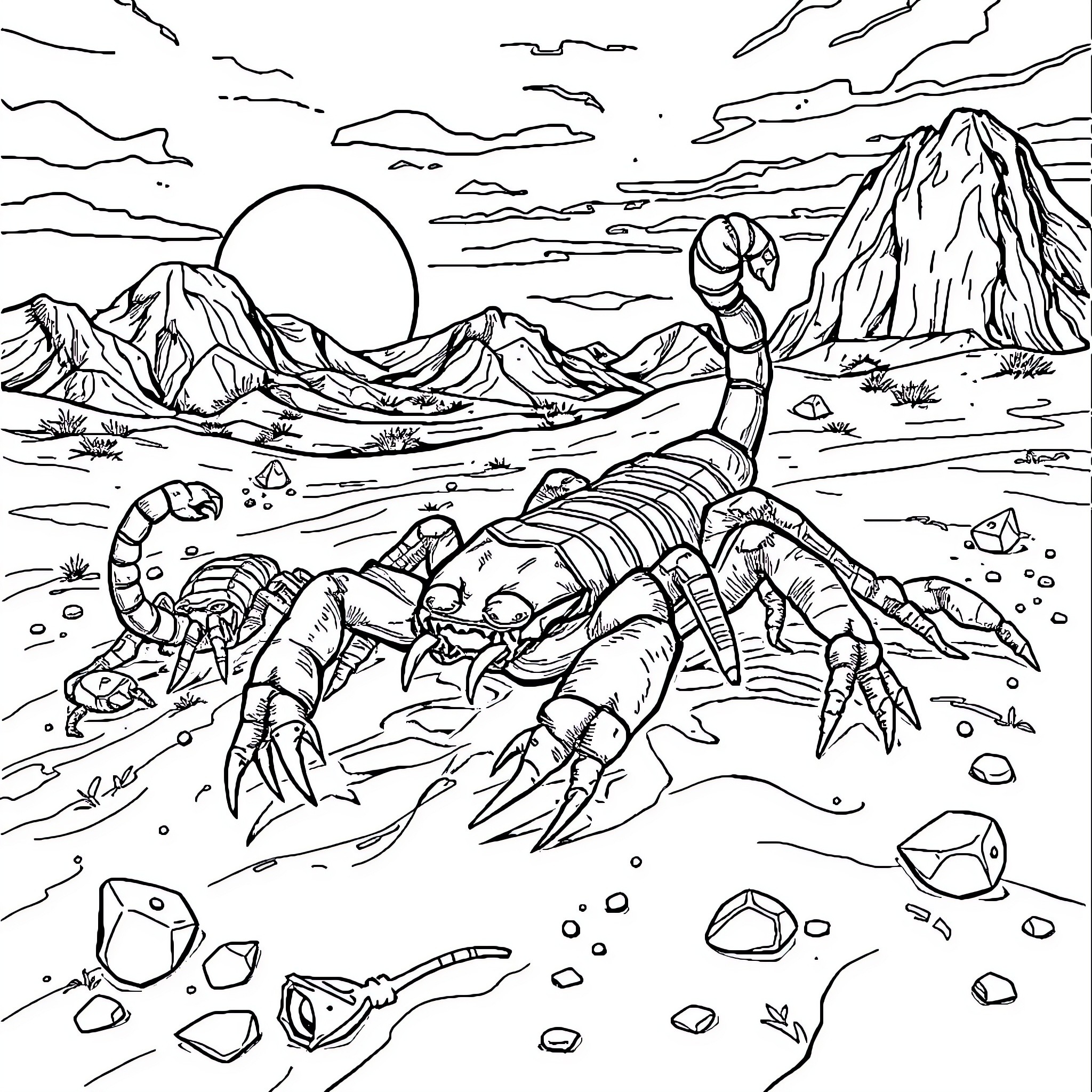 Scorpion prowling in the desert landscape Coloring Page (free black-and-white line drawing printable PDF for all, from beginners to advanced learners, including children, teens, adults, and seniors)