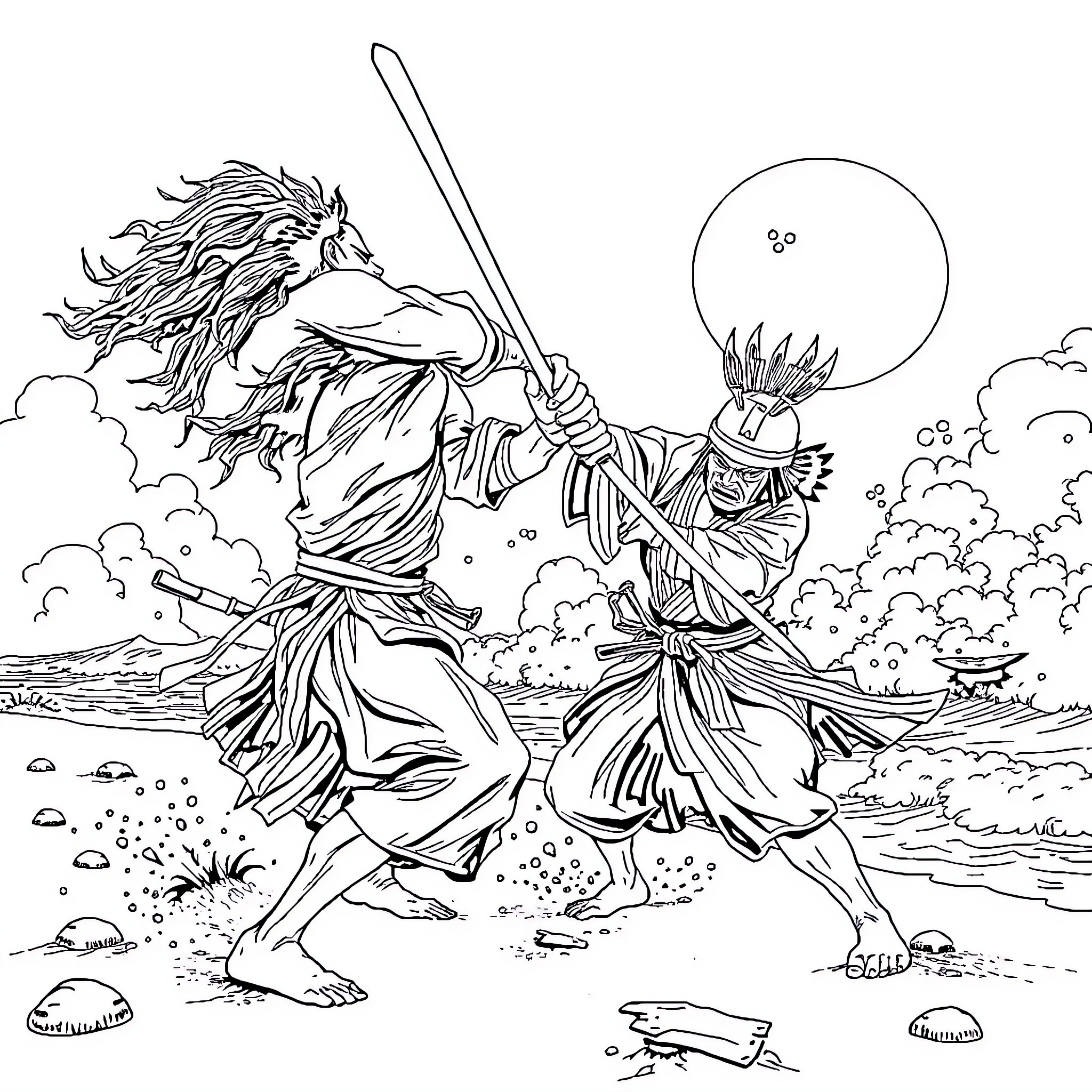 Warrior wielding swords in an intense battle Coloring Page (free black-and-white line drawing printable PDF for all, from beginners to advanced learners, including children, teens, adults, and seniors)