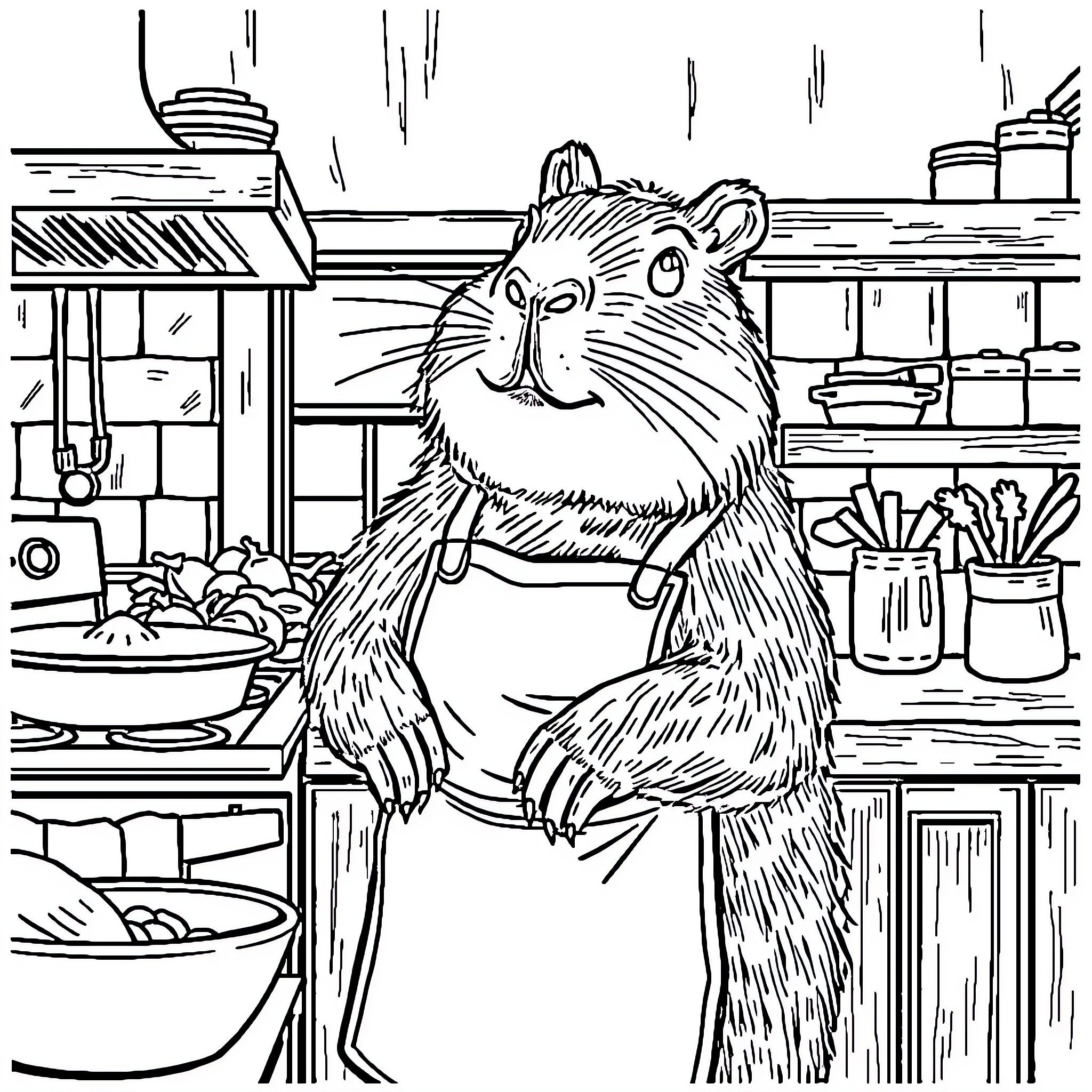 Capybara exploring a cluttered kitchen Coloring Page (free black-and-white line drawing printable PDF for all, from beginners to advanced learners, including children, teens, adults, and seniors)