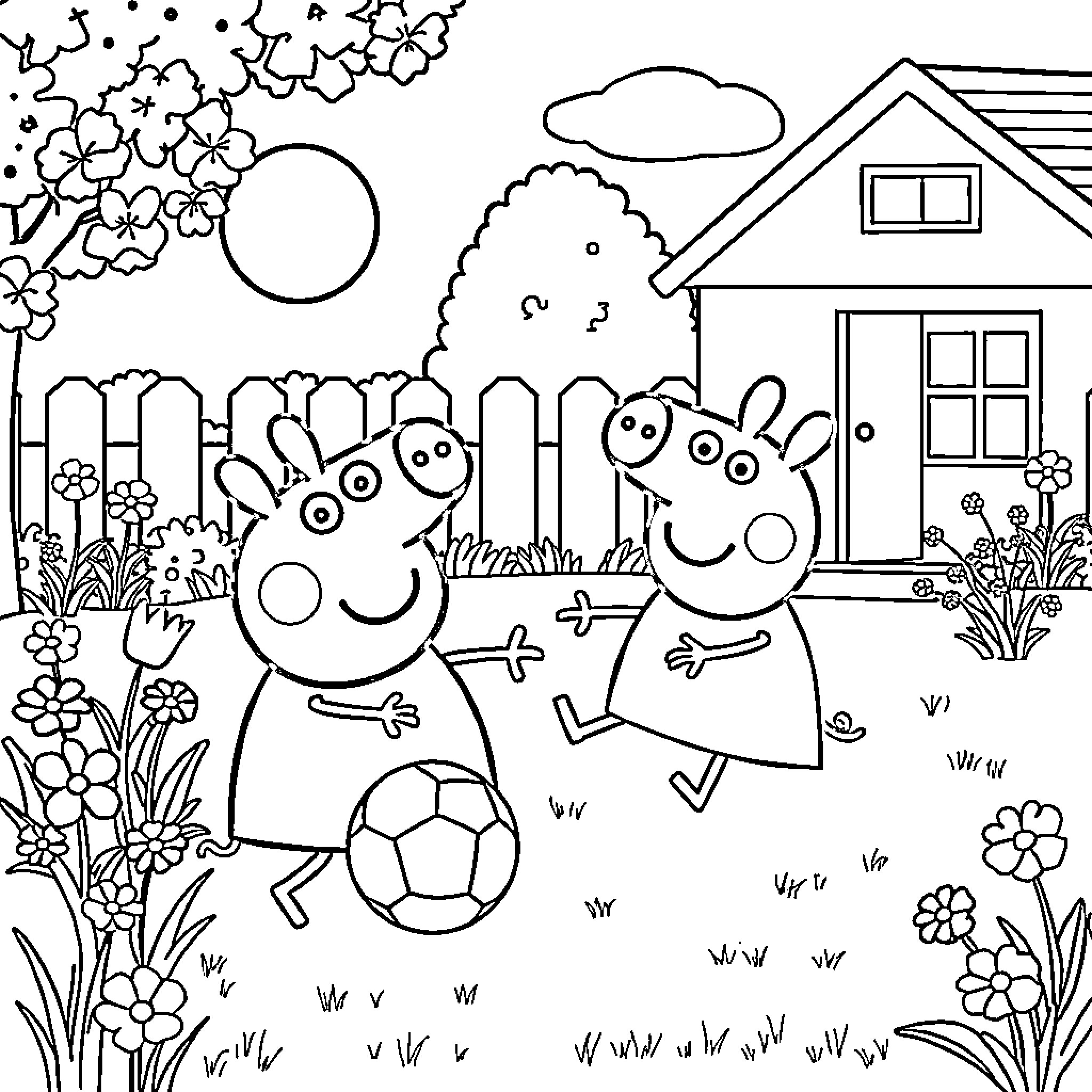 Peppa Pig and friends playing in the garden Coloring Page (free black-and-white line drawing printable PDF for all, from beginners to advanced learners, including children, teens, adults, and seniors)