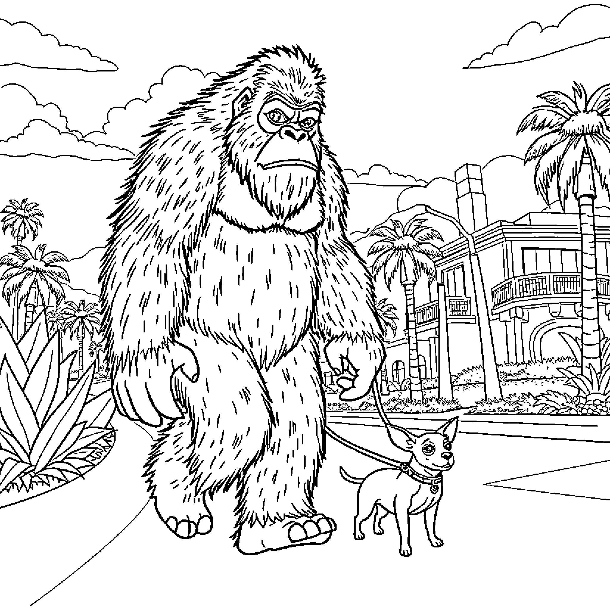 Bigfoot exploring tropical resort with chihuahua companion Coloring Page (free black-and-white line drawing printable PDF for all, from beginners to advanced learners, including children, teens, adults, and seniors)