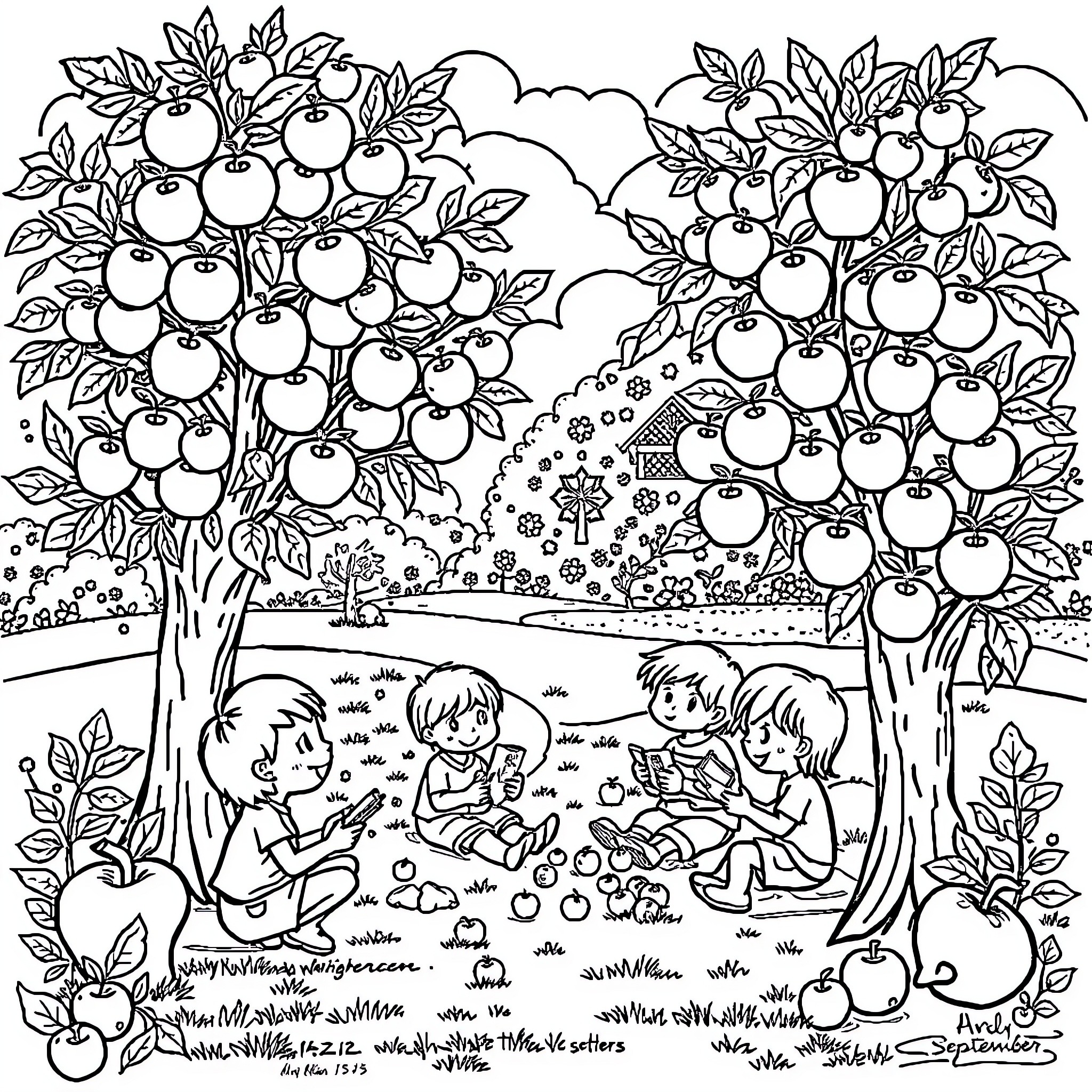 Apple Orchard with Children Enjoying the Scenery Coloring Page (free black-and-white line drawing printable PDF for all, from beginners to advanced learners, including children, teens, adults, and seniors)