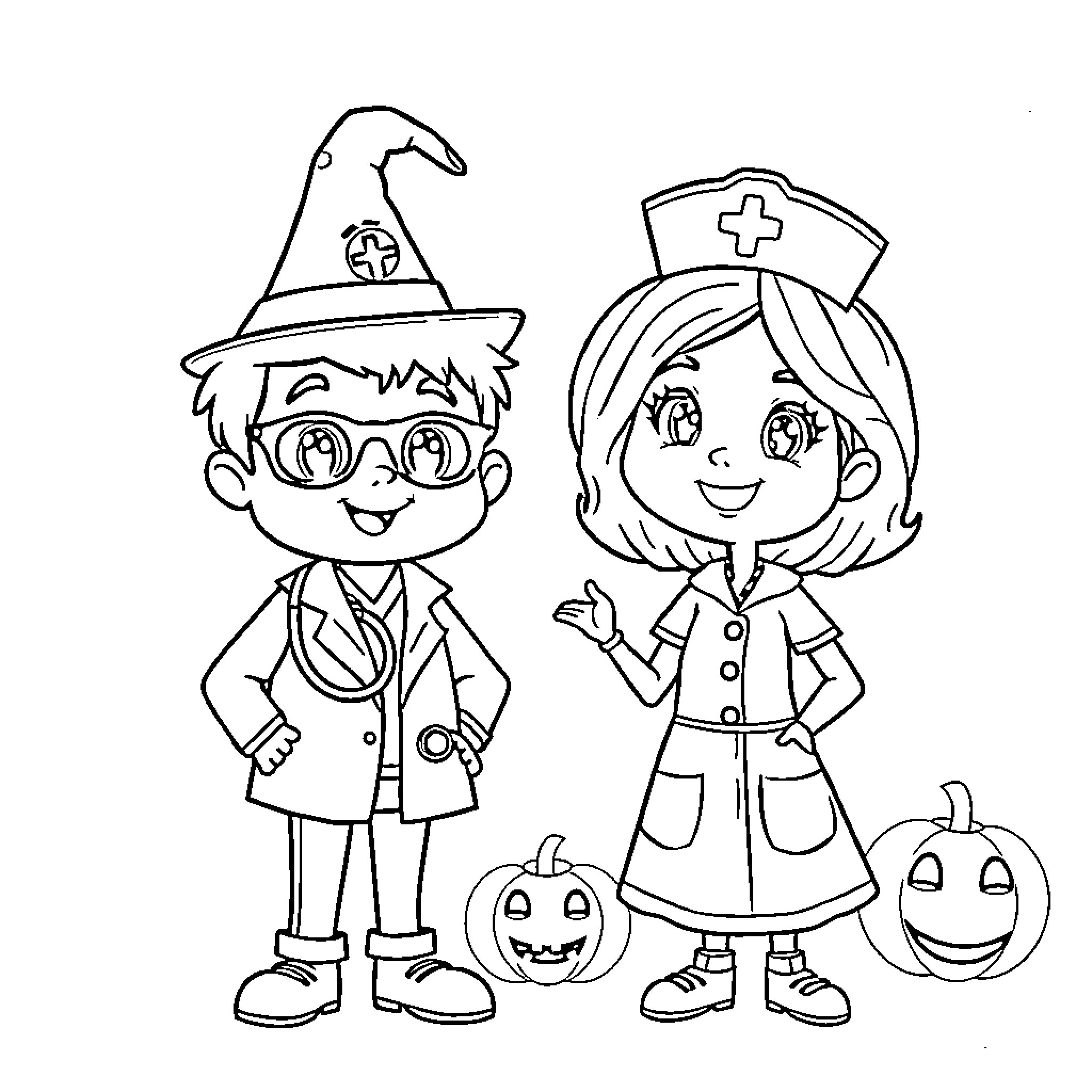 Halloween Healthcare Character Dressed for Medical Treatment Coloring Page (free black-and-white line drawing printable PDF for all, from beginners to advanced learners, including children, teens, adults, and seniors)