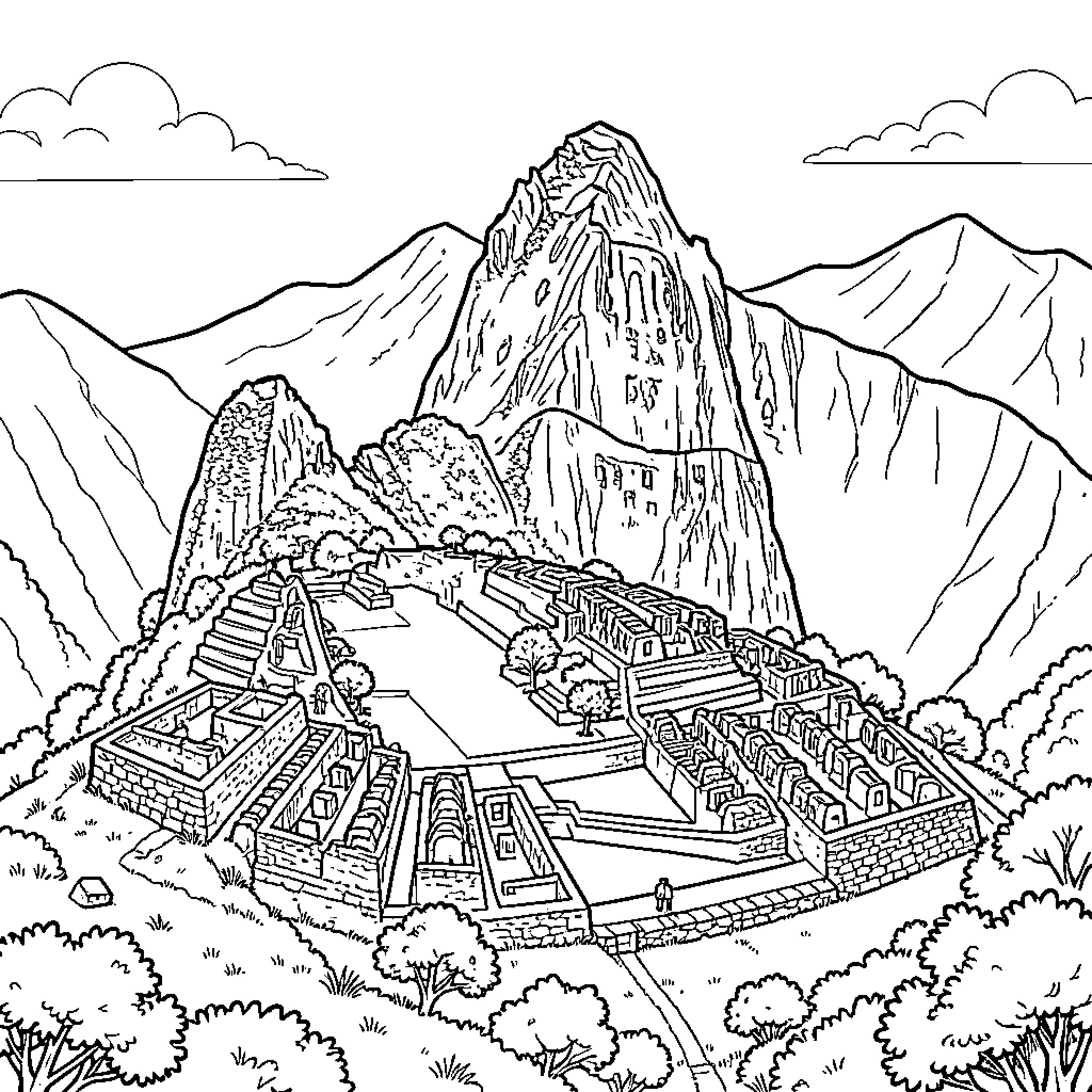 Machu Picchu Ruins Amidst Towering Andes Mountains Coloring Page (free black-and-white line drawing printable PDF for all, from beginners to advanced learners, including children, teens, adults, and seniors)