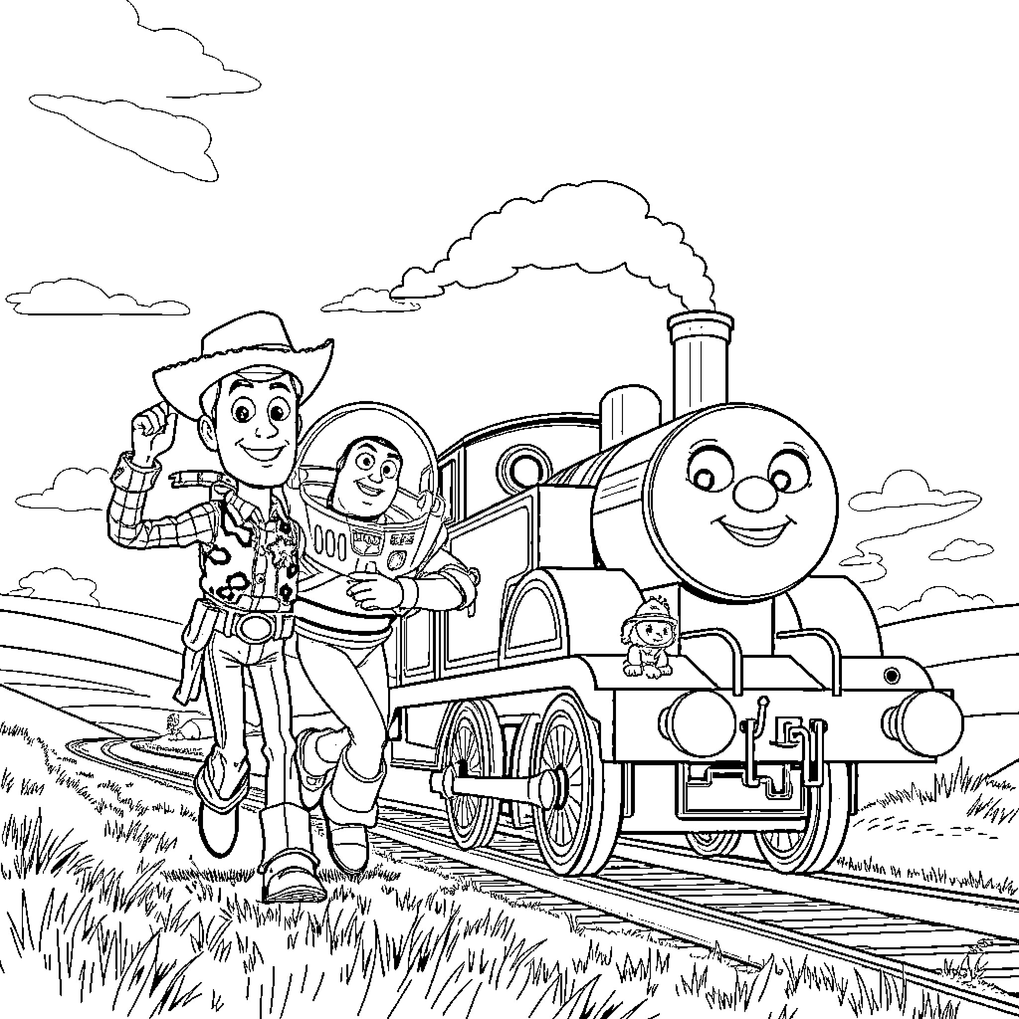 Woody's Adventure with Train and Friends Coloring Page (free black-and-white line drawing printable PDF for all, from beginners to advanced learners, including children, teens, adults, and seniors)