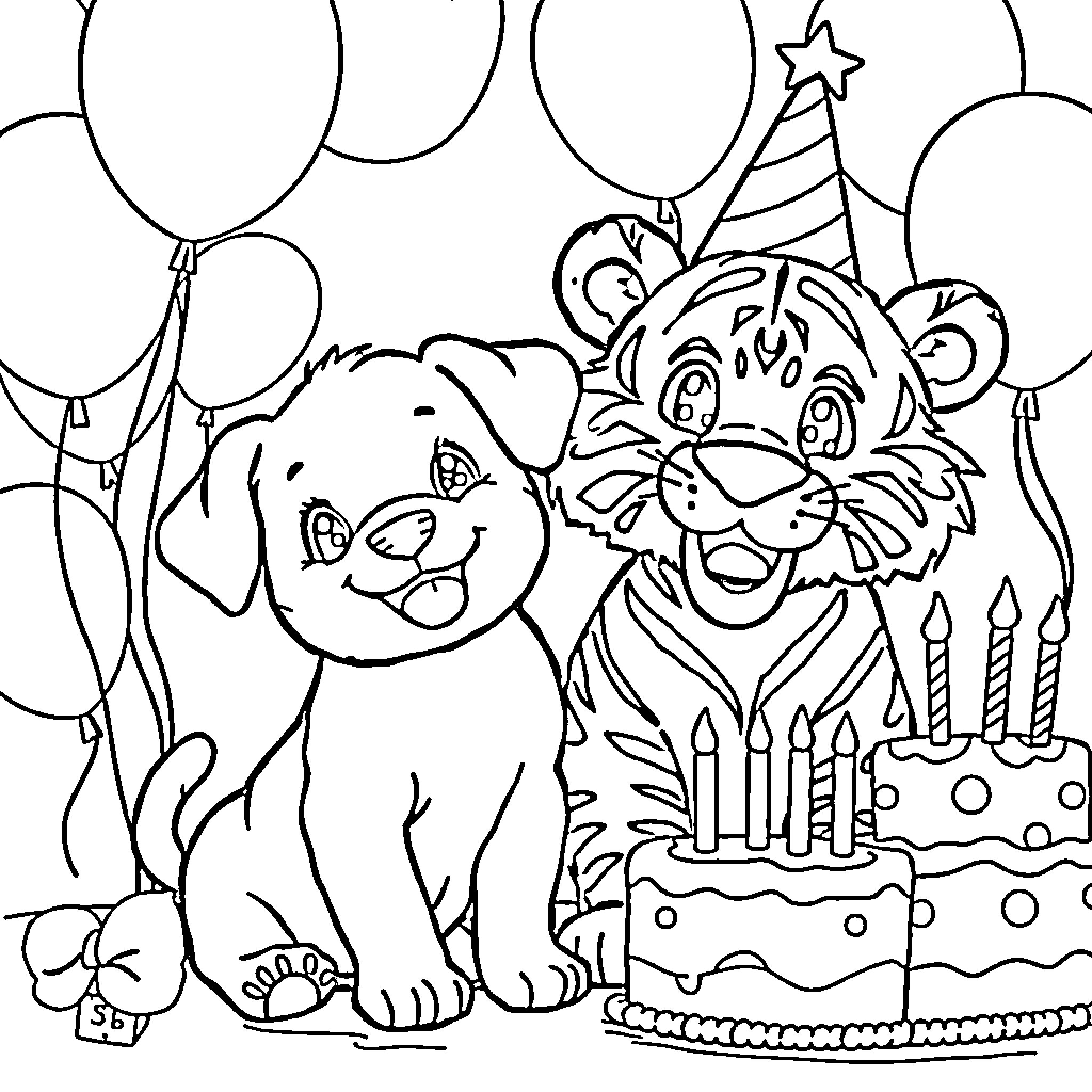 Puppy and Tiger Celebrating Birthday with Balloons Coloring Page (free black-and-white line drawing printable PDF for all, from beginners to advanced learners, including children, teens, adults, and seniors)