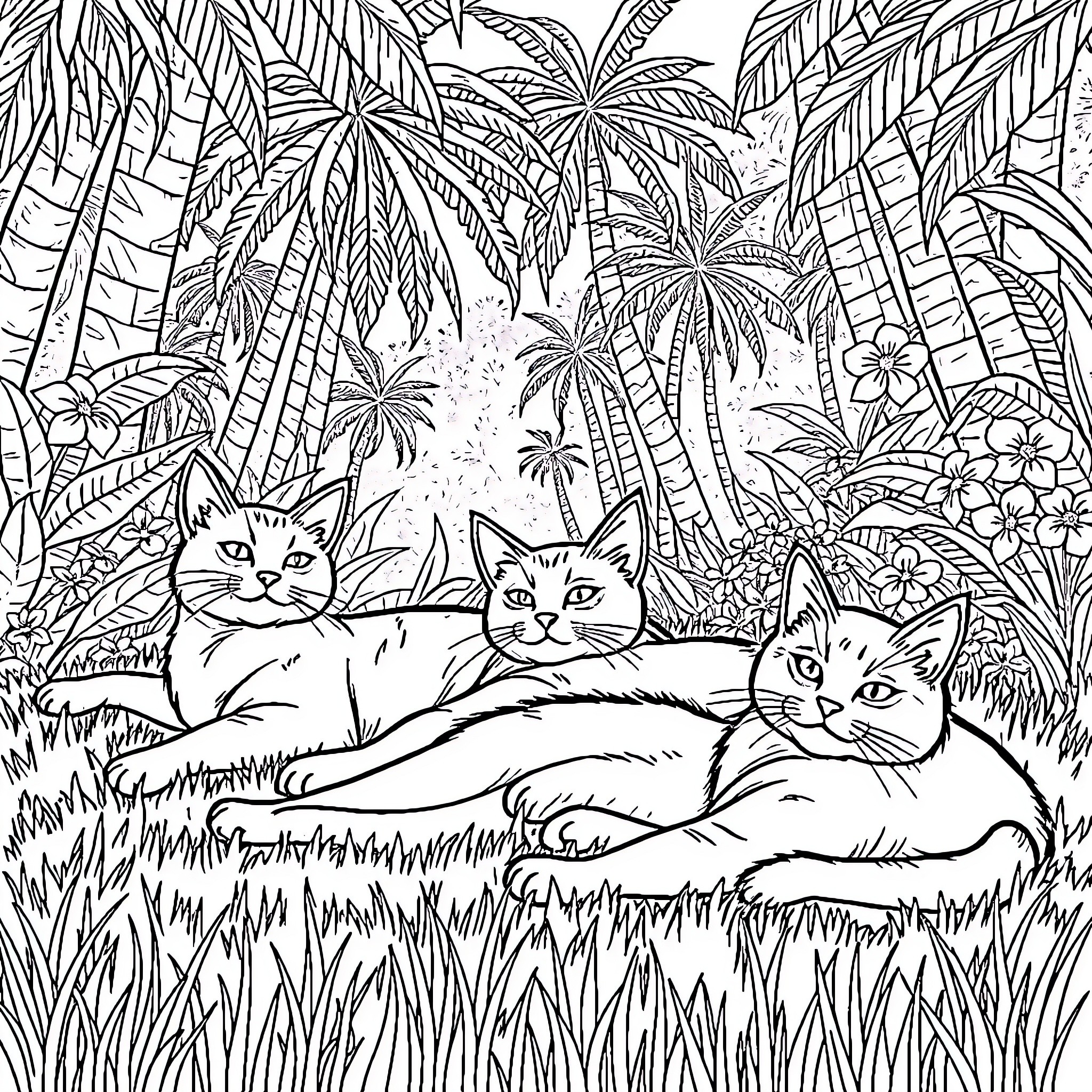 Cat Relaxing in Tropical Jungle Landscape Coloring Page (free black-and-white line drawing printable PDF for all, from beginners to advanced learners, including children, teens, adults, and seniors)