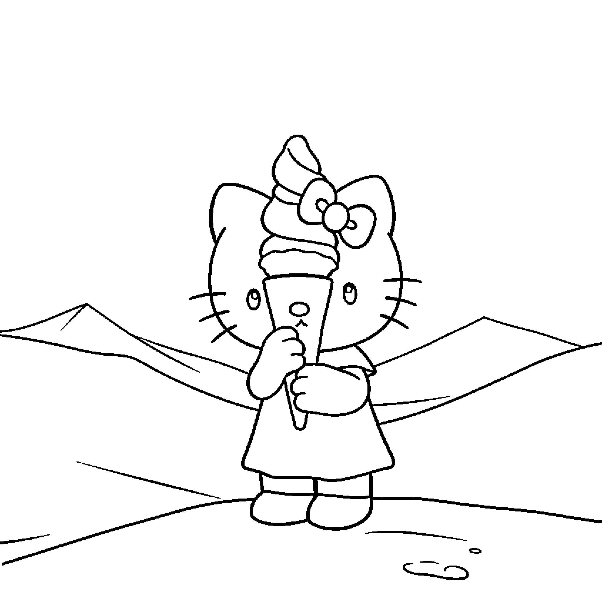 Hello Kitty embarking on an adventure Coloring Page (free black-and-white line drawing printable PDF for all, from beginners to advanced learners, including children, teens, adults, and seniors)
