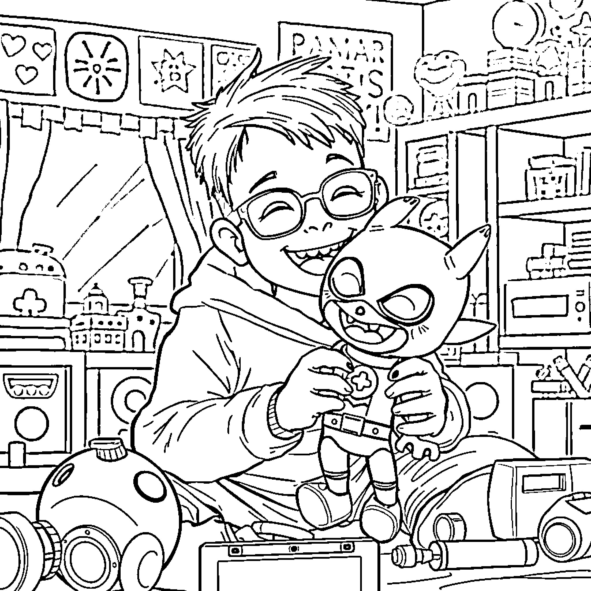 Boy playing with toy in his room Coloring Page (free black-and-white line drawing printable PDF for all, from beginners to advanced learners, including children, teens, adults, and seniors)