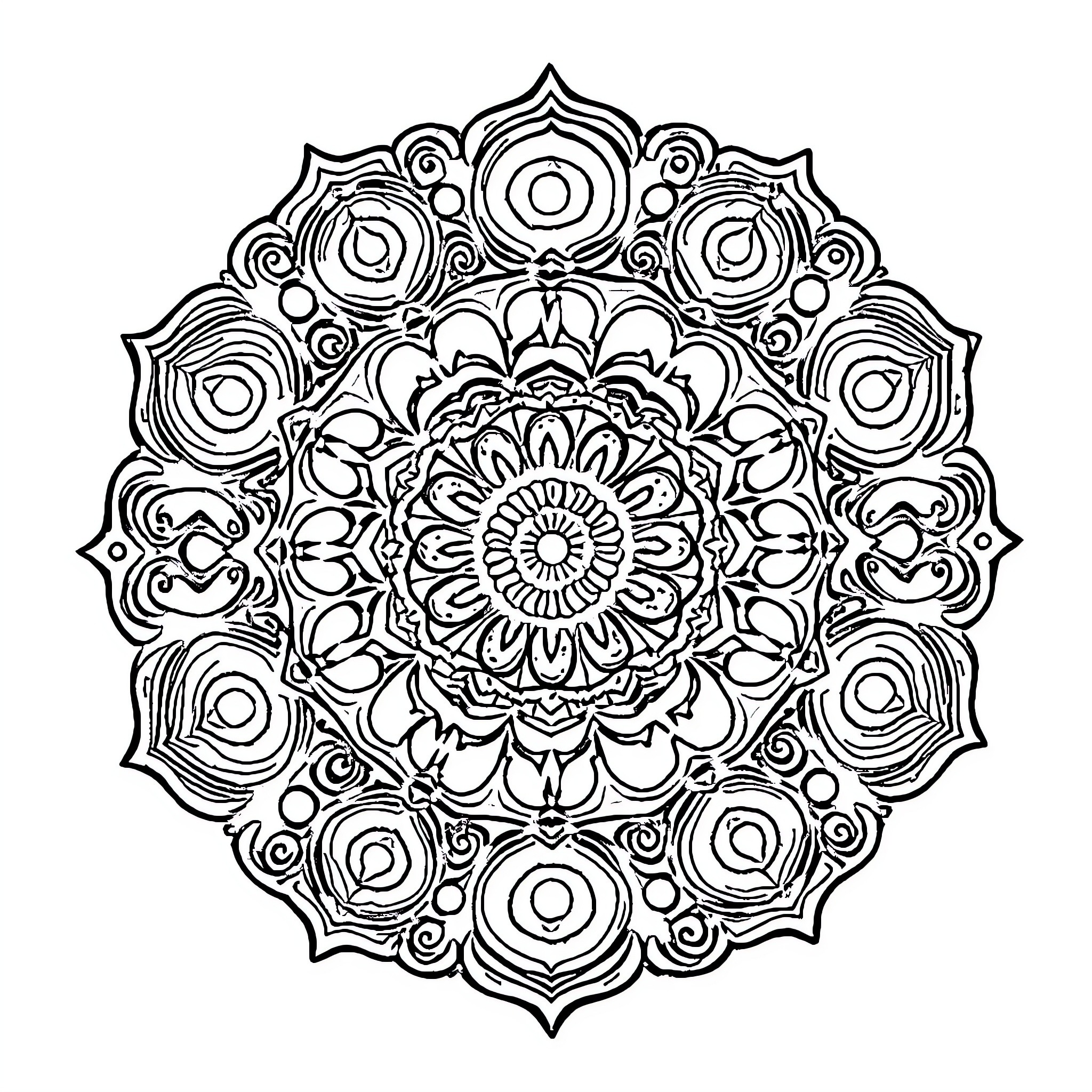 Candy Mandala Design Coloring Page (free black-and-white line drawing printable PDF for all, from beginners to advanced learners, including children, teens, adults, and seniors)
