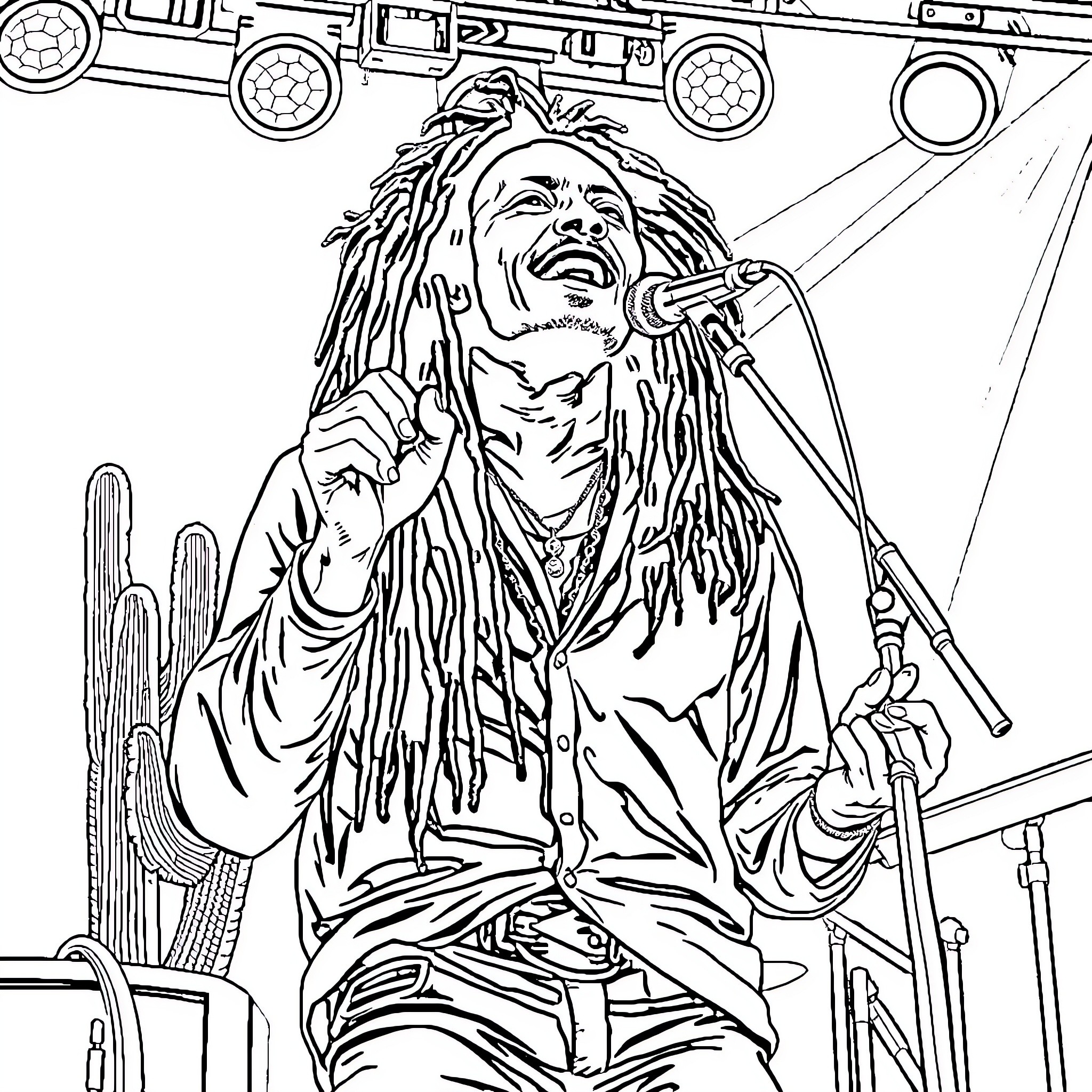 Bob Marley Performing on Stage with Microphone Coloring Page (free black-and-white line drawing printable PDF for all, from beginners to advanced learners, including children, teens, adults, and seniors)