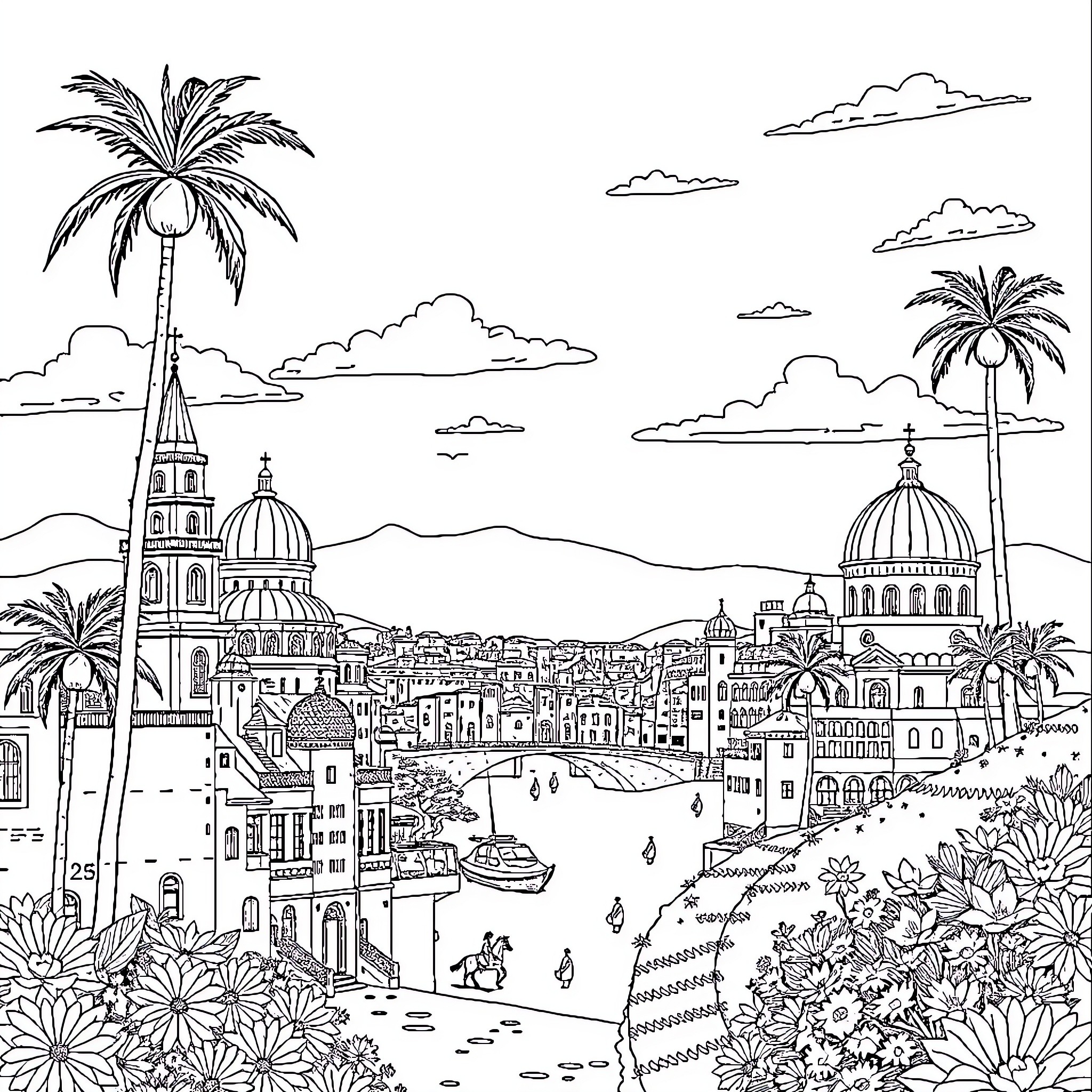 Travel to a Vibrant Mediterranean City Coloring Page (free black-and-white line drawing printable PDF for all, from beginners to advanced learners, including children, teens, adults, and seniors)