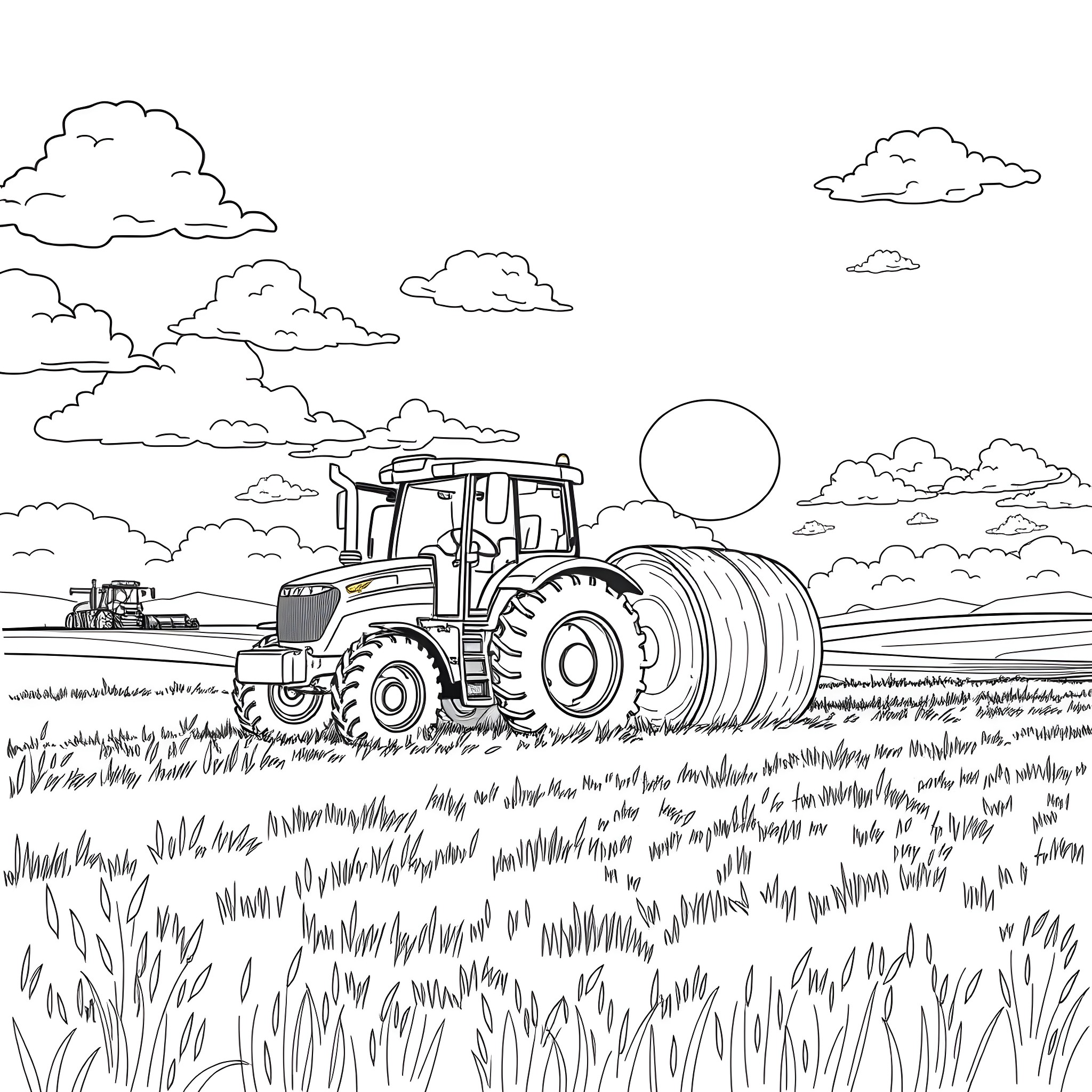 Bale Pickup in the Countryside Coloring Page (free black-and-white line drawing printable PDF for all, from beginners to advanced learners, including children, teens, adults, and seniors)