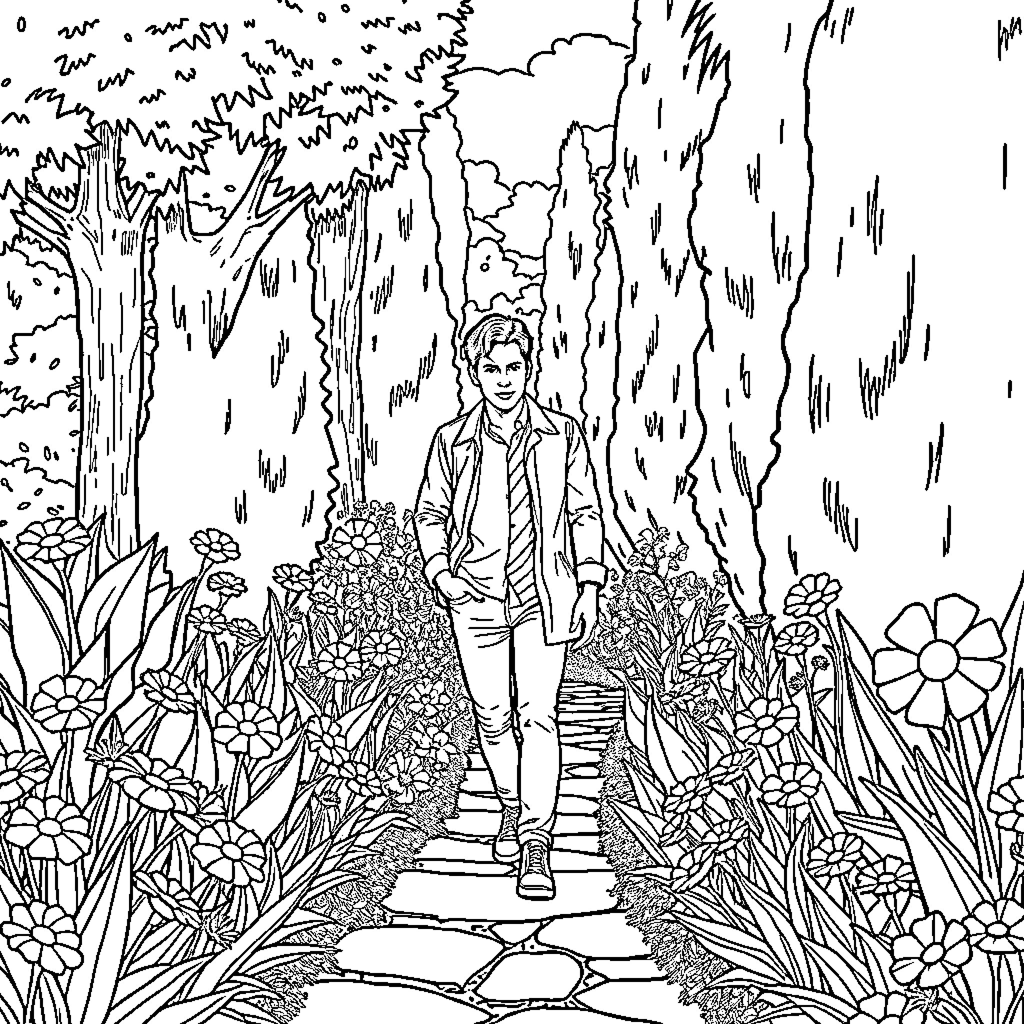 Levi Ackerman walking through a lush, floral landscape Coloring Page (free black-and-white line drawing printable PDF for all, from beginners to advanced learners, including children, teens, adults, and seniors)