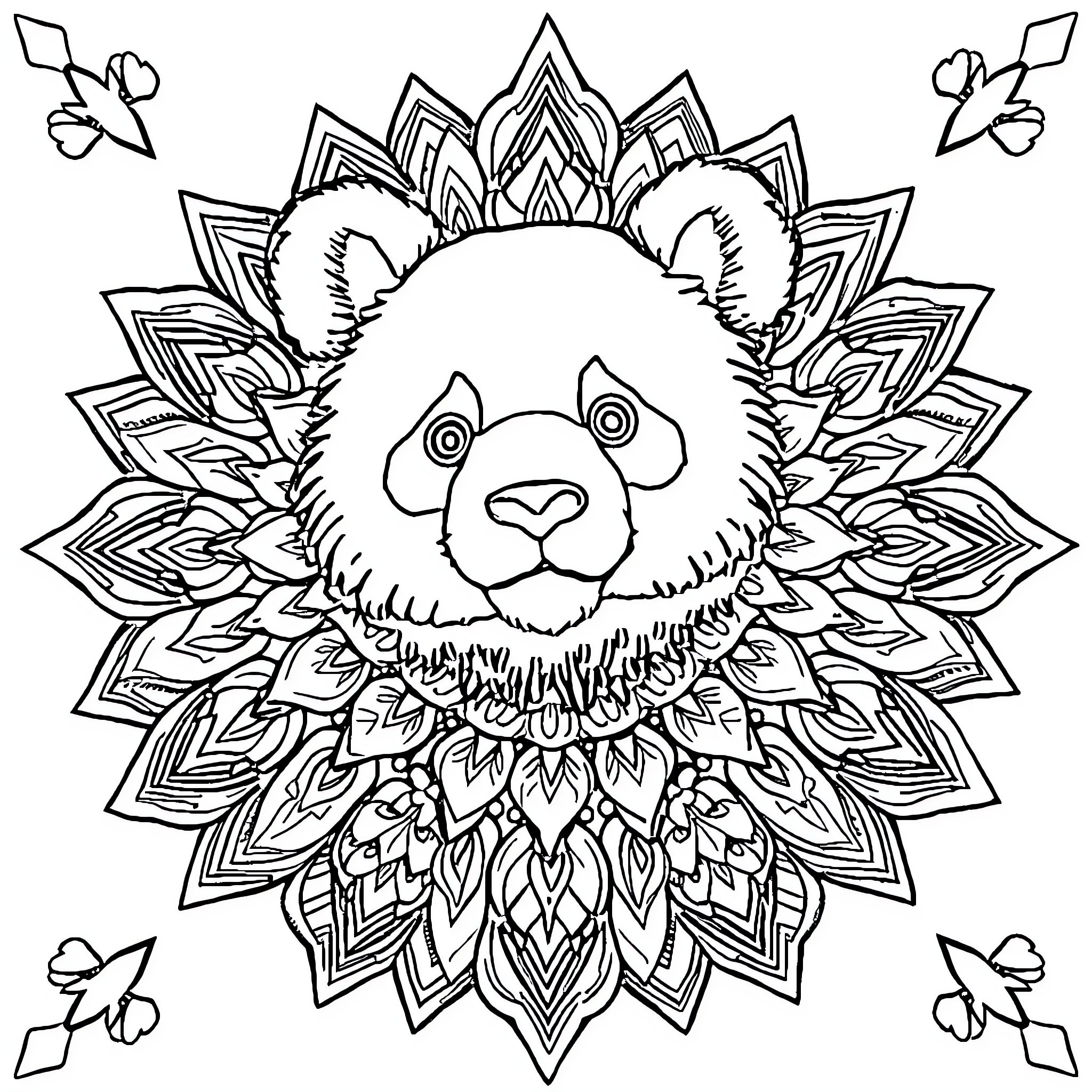 Panda in ornate floral mandala frame Coloring Page (free black-and-white line drawing printable PDF for all, from beginners to advanced learners, including children, teens, adults, and seniors)