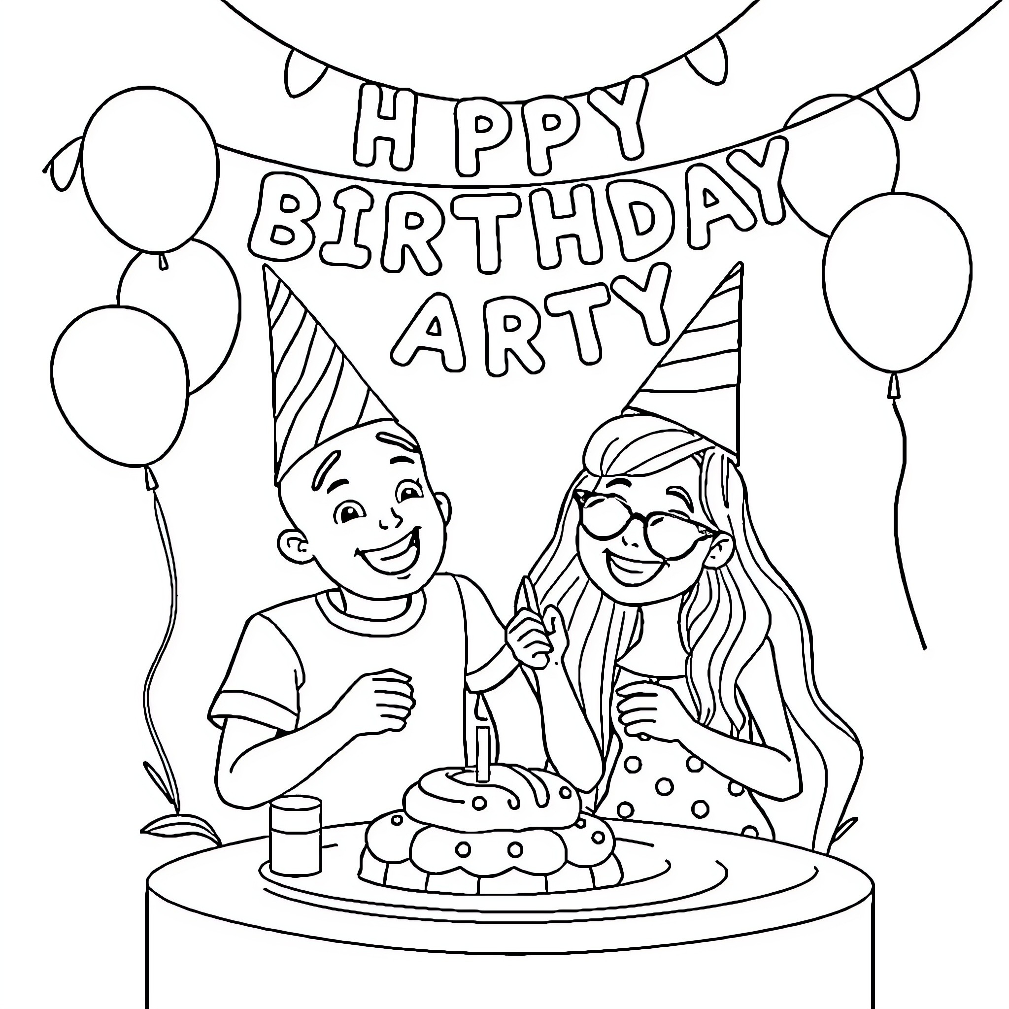 Birthday Party with Balloons and Friends Coloring Page (free black-and-white line drawing printable PDF for all, from beginners to advanced learners, including children, teens, adults, and seniors)