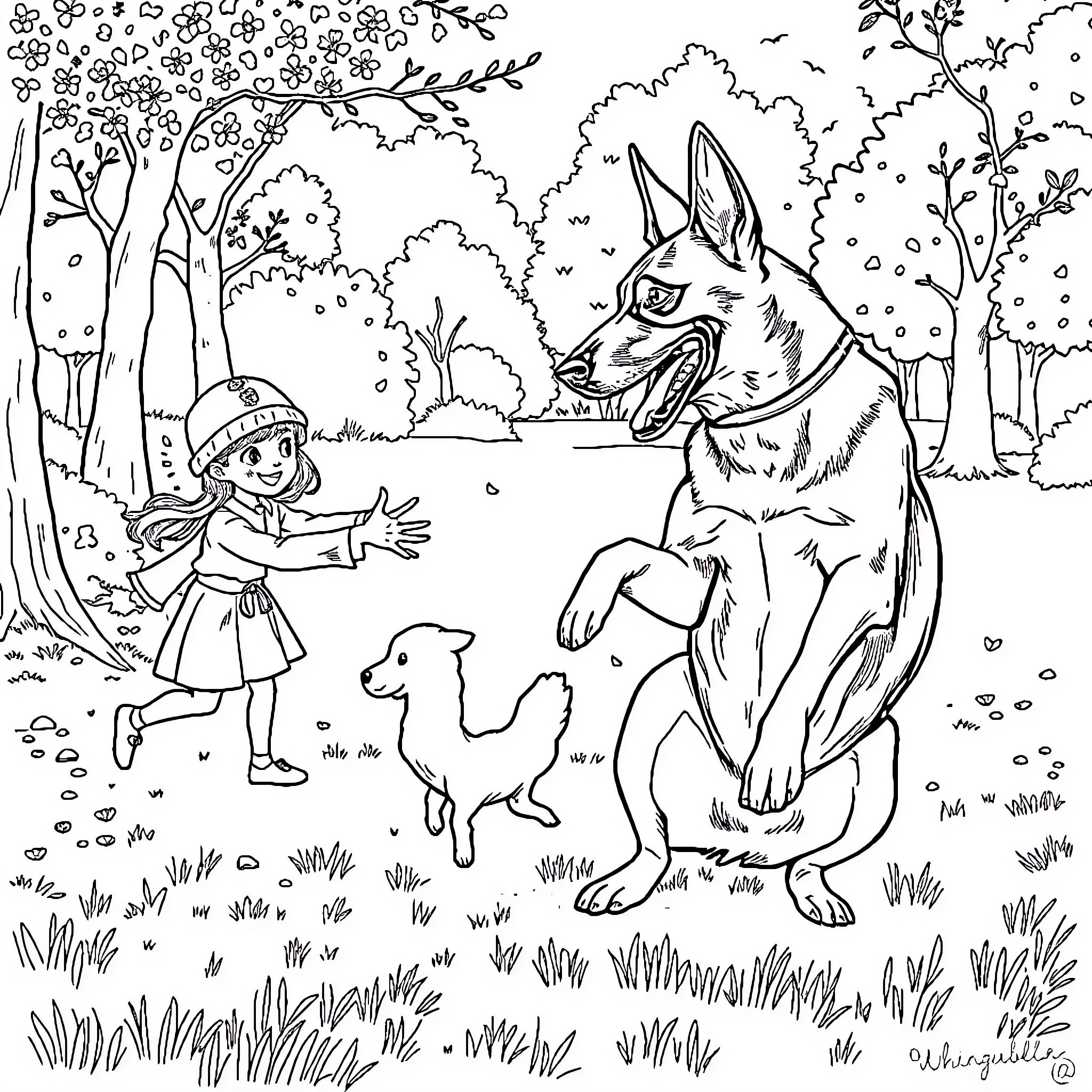Dog and girl playing in the forest Coloring Page (free black-and-white line drawing printable PDF for all, from beginners to advanced learners, including children, teens, adults, and seniors)