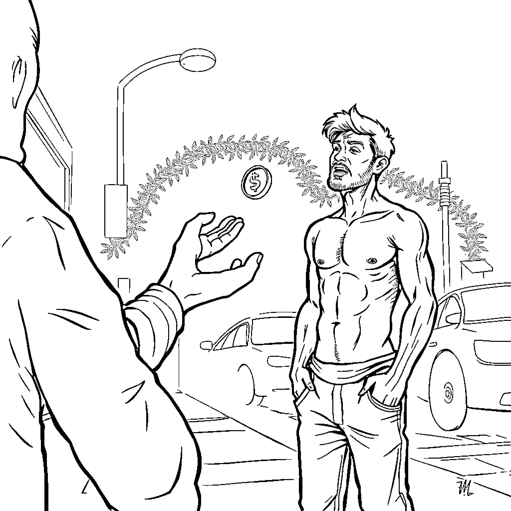 Man catches money in hand on city street Coloring Page (free black-and-white line drawing printable PDF for all, from beginners to advanced learners, including children, teens, adults, and seniors)