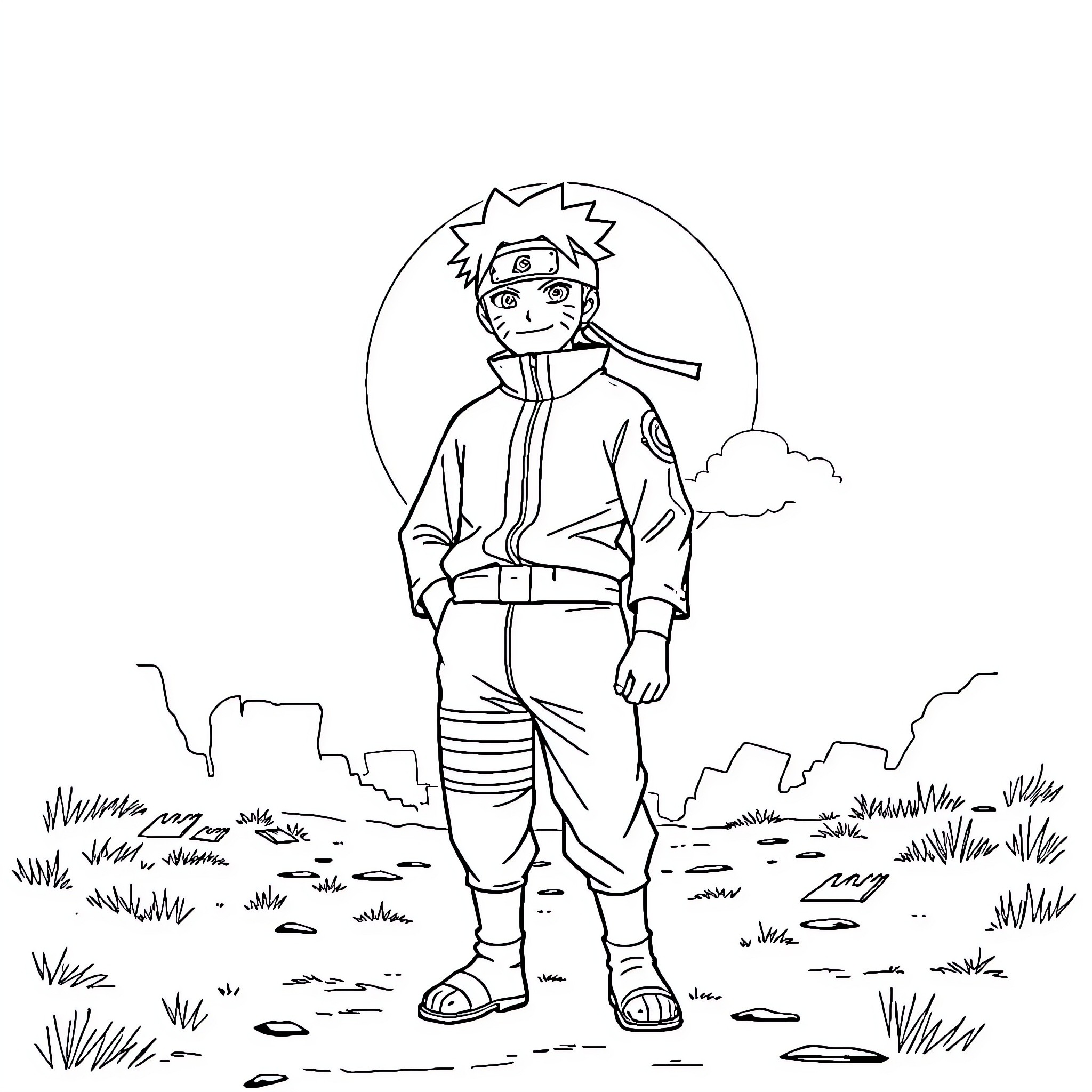 Naruto standing firmly in the field Coloring Page (free black-and-white line drawing printable PDF for all, from beginners to advanced learners, including children, teens, adults, and seniors)