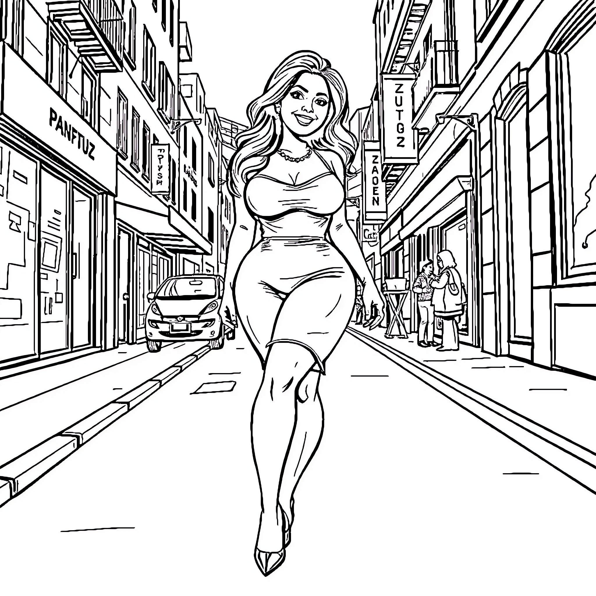 Woman walking confidently through city streets Coloring Page (free black-and-white line drawing printable PDF for all, from beginners to advanced learners, including children, teens, adults, and seniors)
