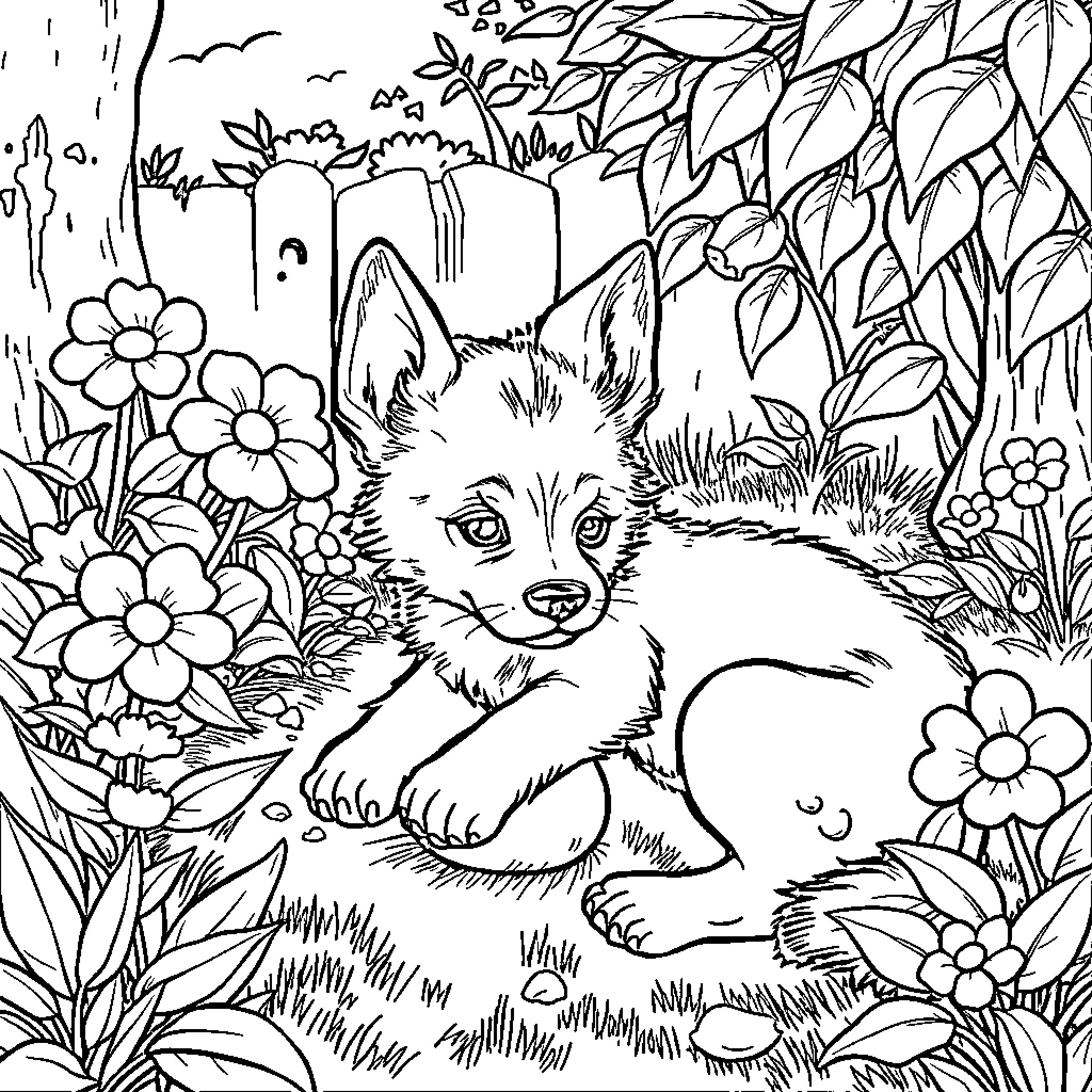 Dog relaxing in a beautiful floral garden Coloring Page (free black-and-white line drawing printable PDF for all, from beginners to advanced learners, including children, teens, adults, and seniors)
