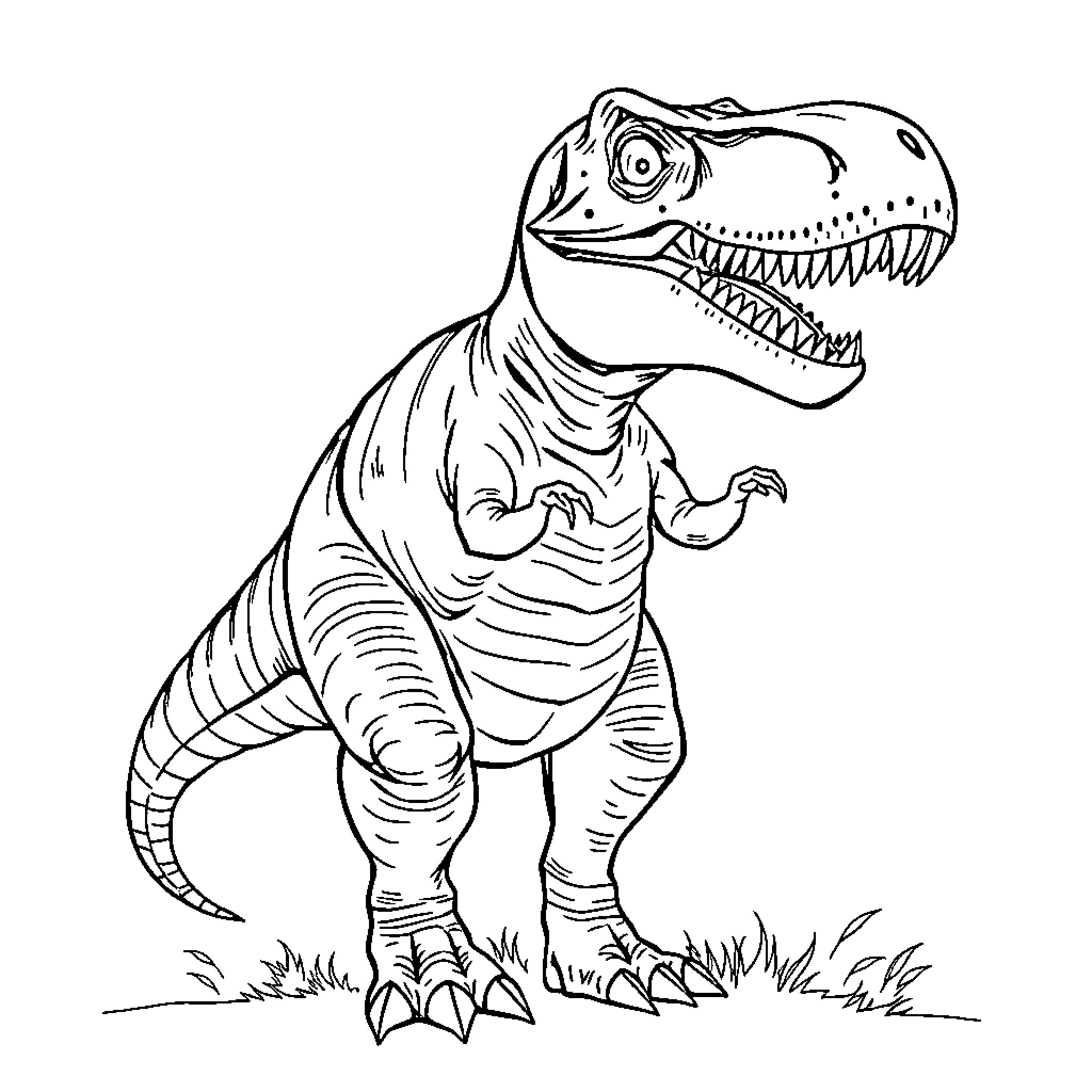 T-Rex in Fierce Pose Coloring Page (free black-and-white line drawing printable PDF for all, from beginners to advanced learners, including children, teens, adults, and seniors)
