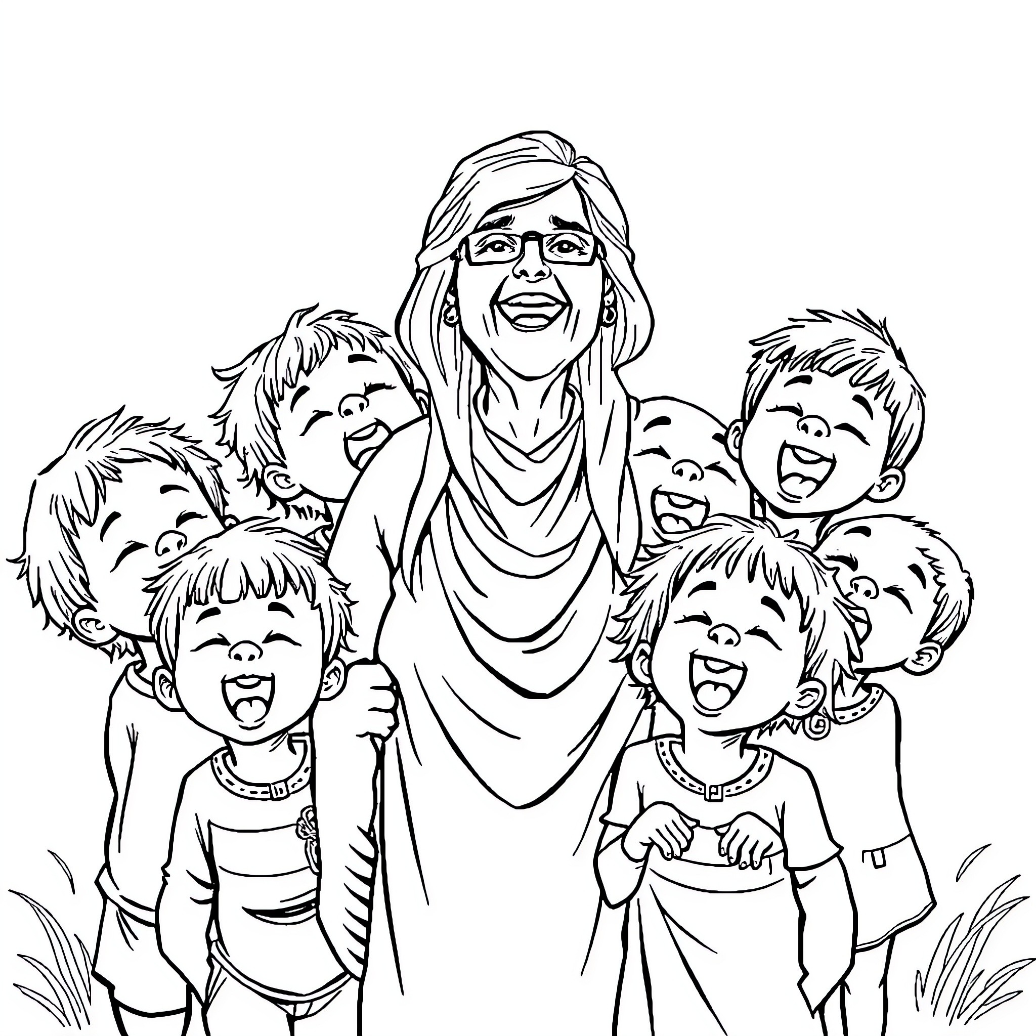 Mère entourée de ses joyeux enfants Coloring Page (free black-and-white line drawing printable PDF for all, from beginners to advanced learners, including children, teens, adults, and seniors)