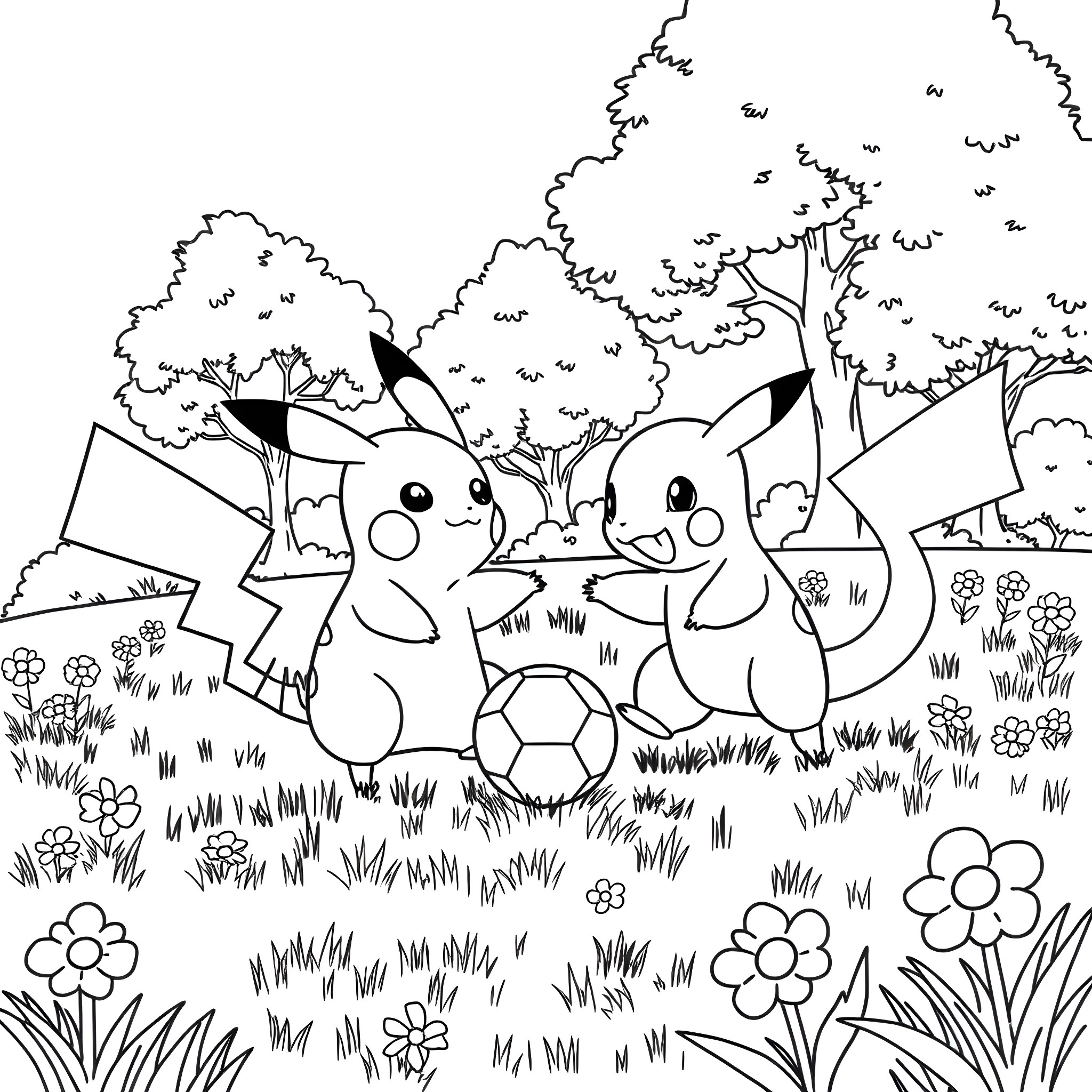 Pikachu playing soccer with friends in the park Coloring Page (free black-and-white line drawing printable PDF for all, from beginners to advanced learners, including children, teens, adults, and seniors)