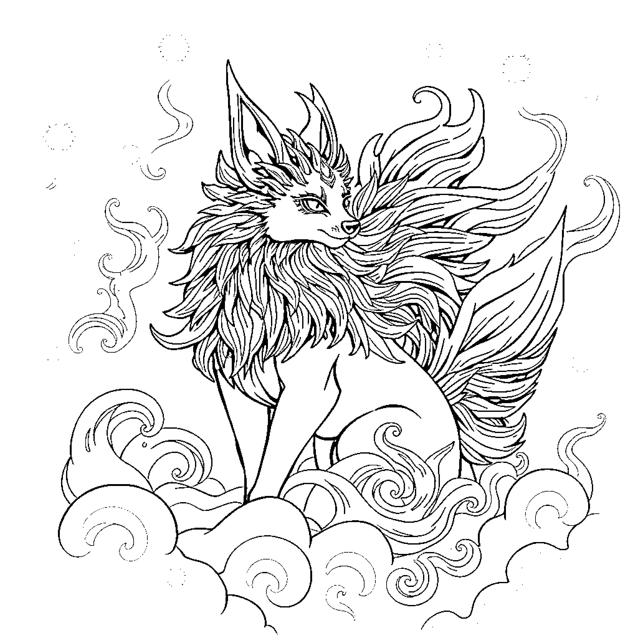 Kitsune's Ethereal Dance in the Clouds Coloring Page (free black-and-white line drawing printable PDF for all, from beginners to advanced learners, including children, teens, adults, and seniors)