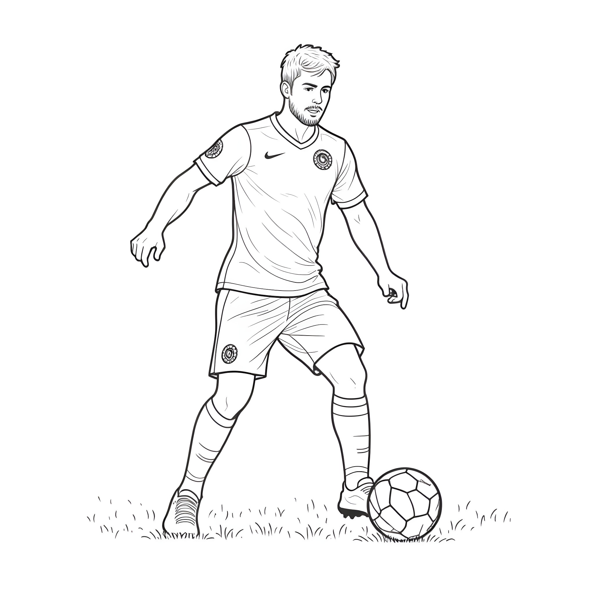 Footballer controlling the ball on the field Coloring Page (free black-and-white line drawing printable PDF for all, from beginners to advanced learners, including children, teens, adults, and seniors)