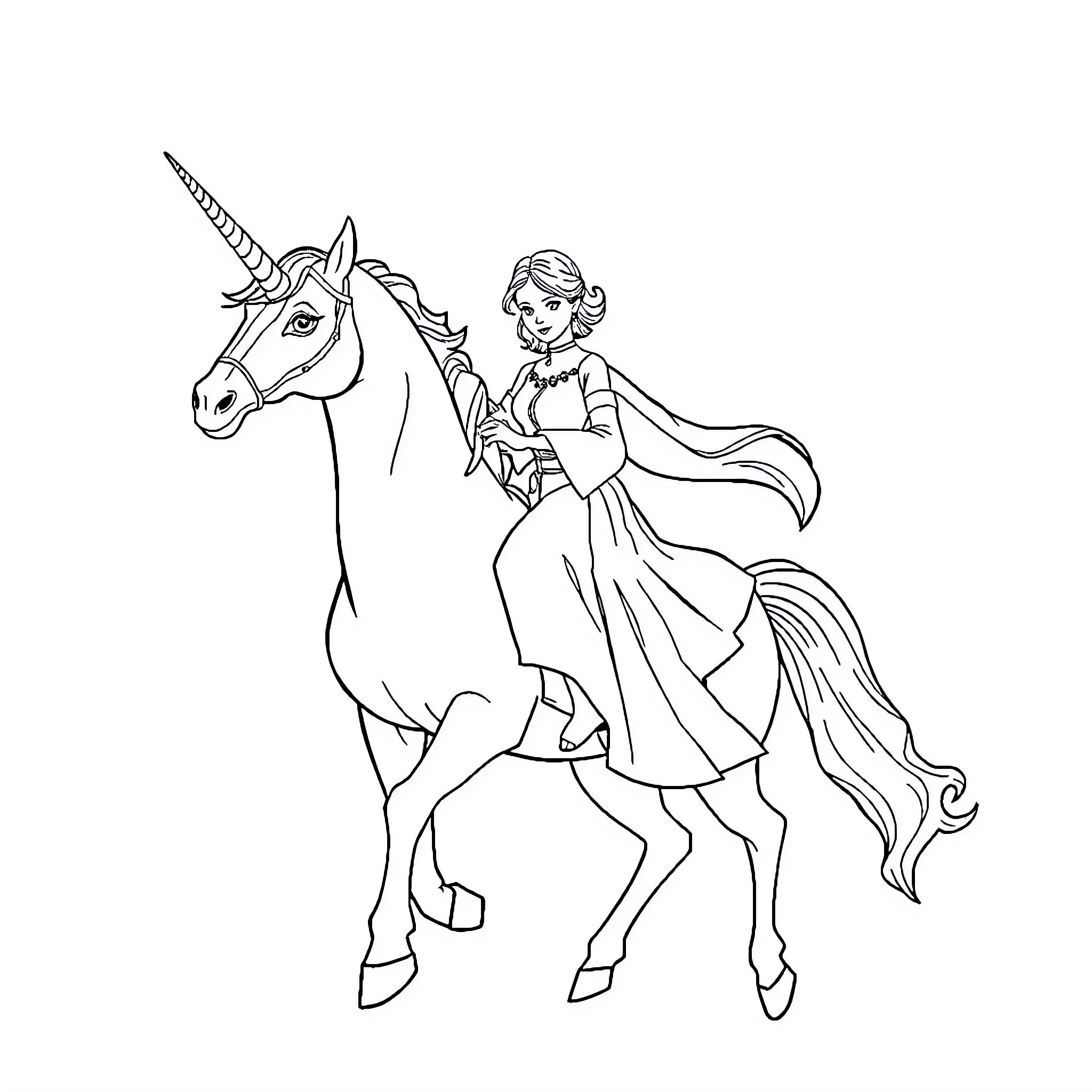 Princess Leia riding a magical unicorn Coloring Page (free black-and-white line drawing printable PDF for all, from beginners to advanced learners, including children, teens, adults, and seniors)