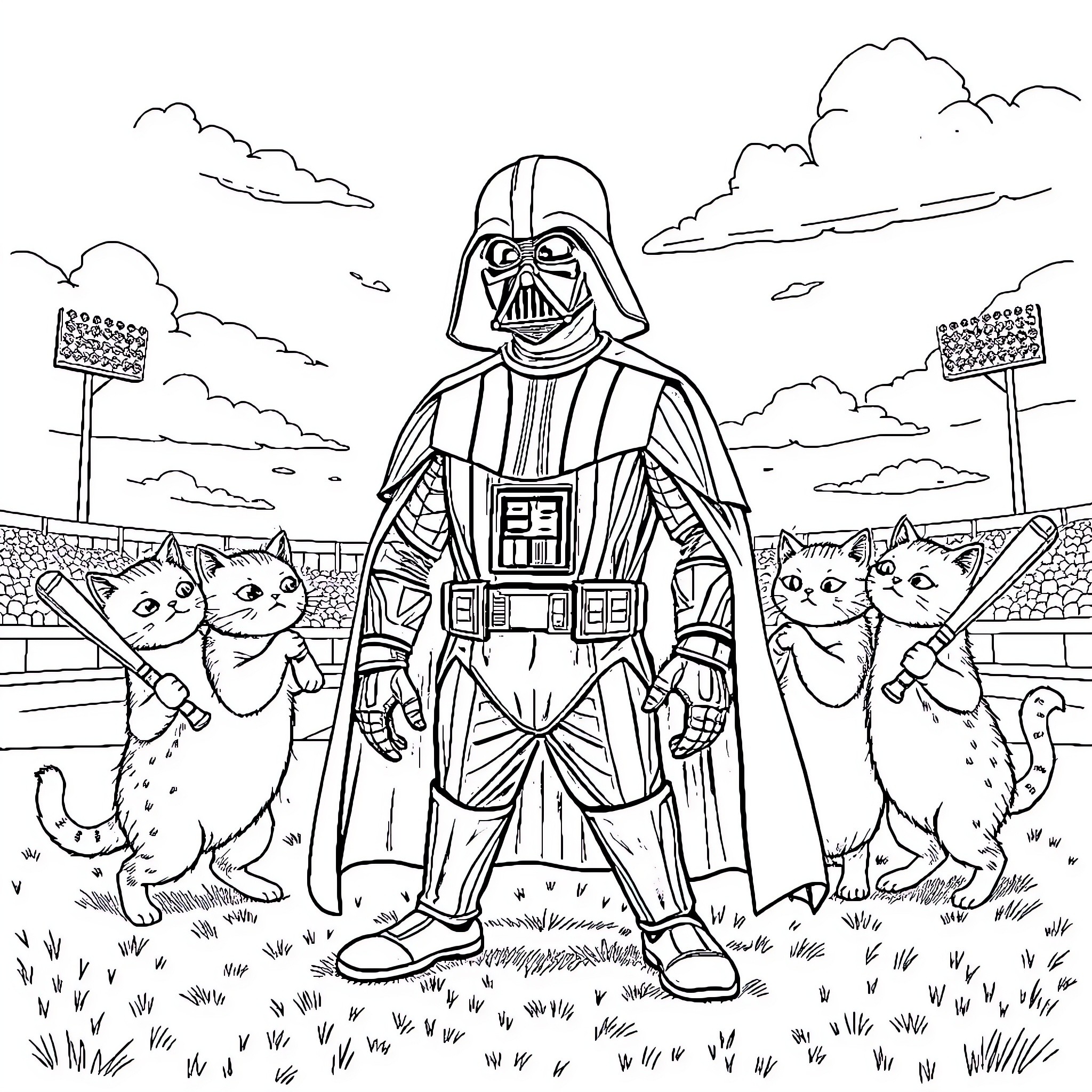 Darth Vader leads an army of feline companions Coloring Page (free black-and-white line drawing printable PDF for all, from beginners to advanced learners, including children, teens, adults, and seniors)