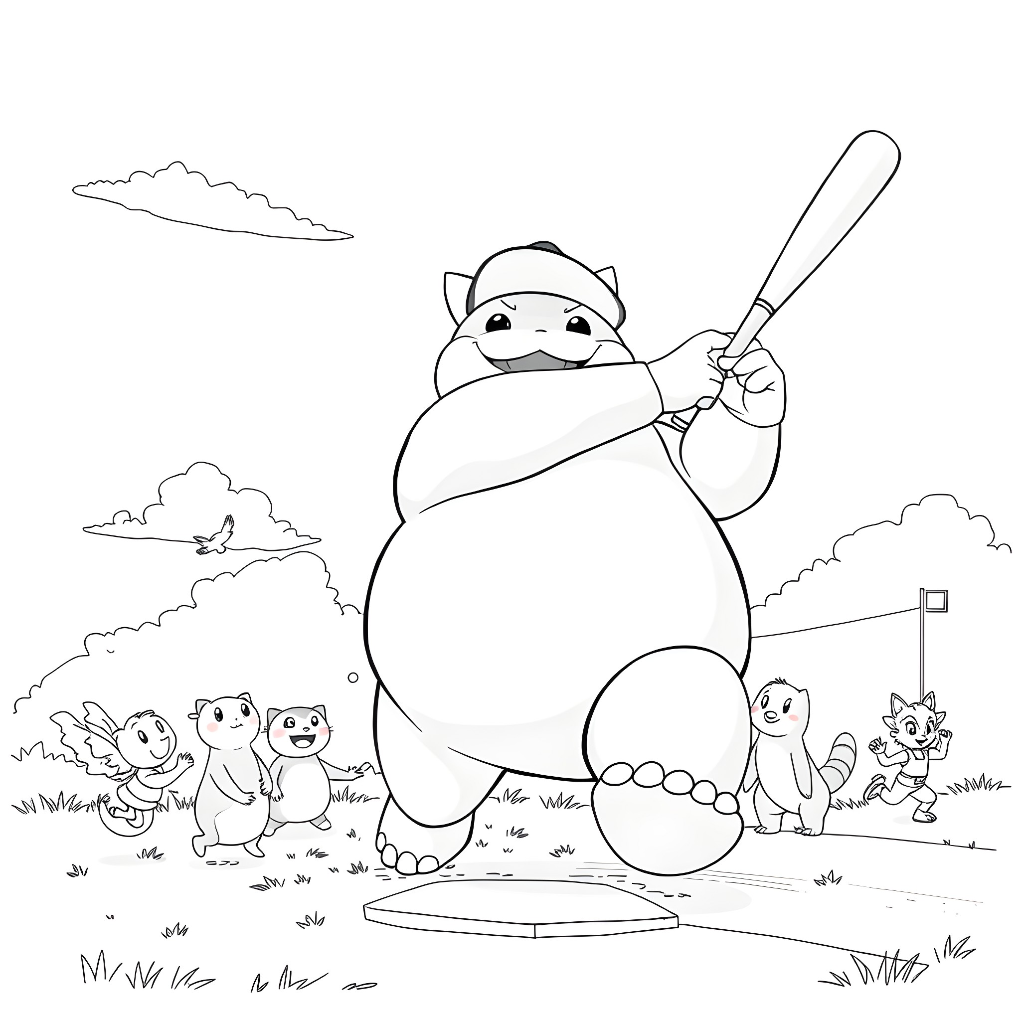 Snorlax playing baseball with friends in the park Coloring Page (free black-and-white line drawing printable PDF for all, from beginners to advanced learners, including children, teens, adults, and seniors)