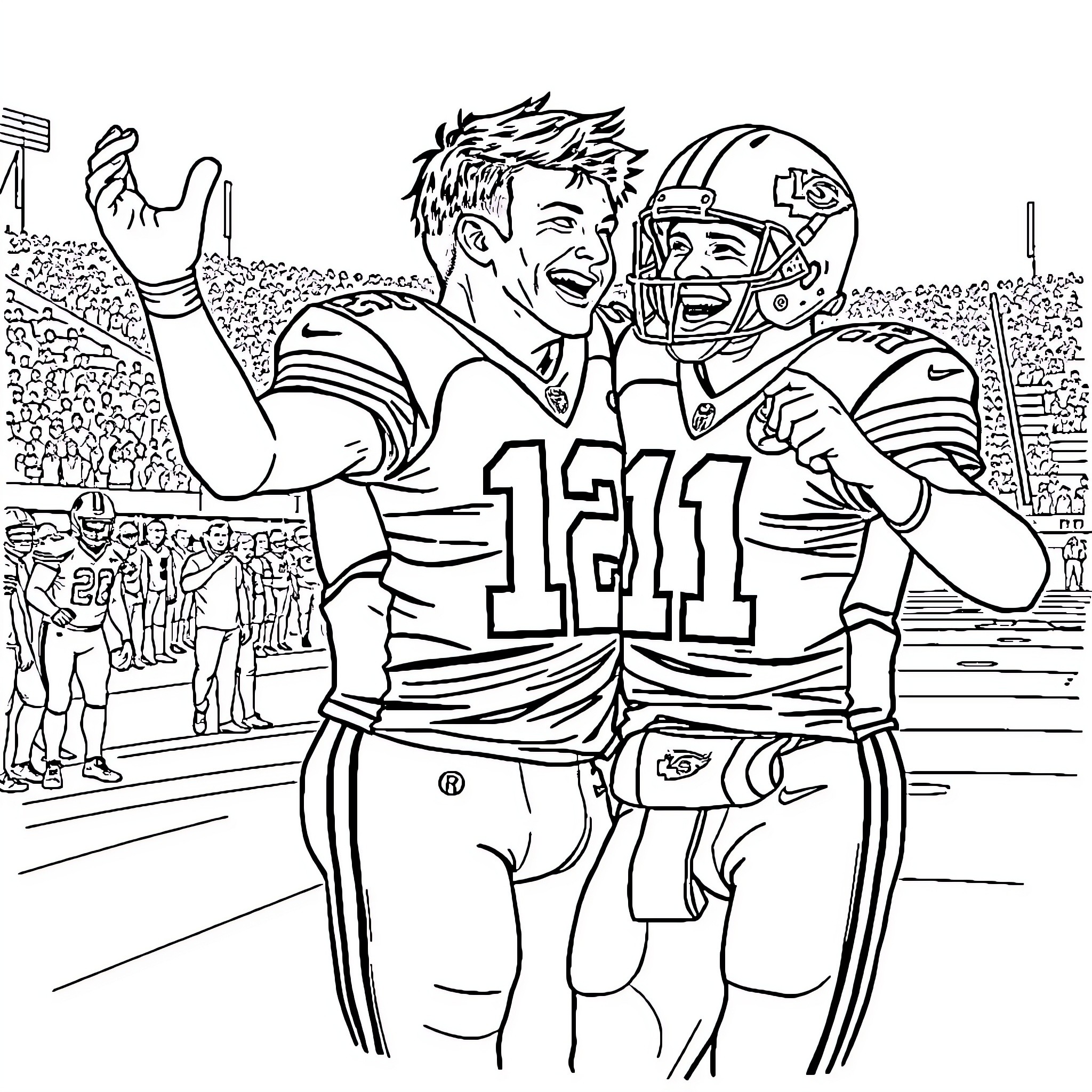 Josh Allen celebrating football victory with teammate Coloring Page (free black-and-white line drawing printable PDF for all, from beginners to advanced learners, including children, teens, adults, and seniors)