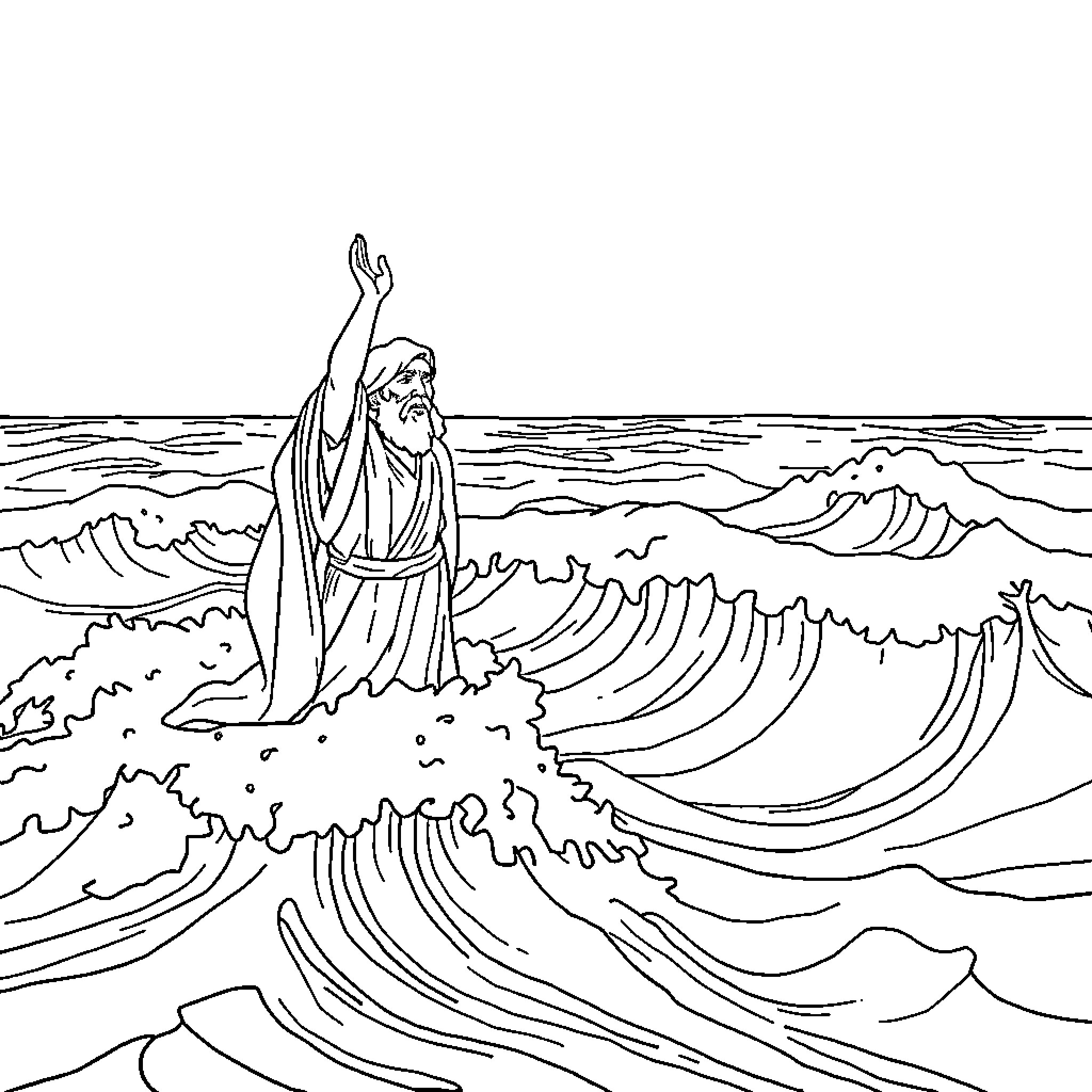 Moses parting the Red Sea with divine power Coloring Page (free black-and-white line drawing printable PDF for all, from beginners to advanced learners, including children, teens, adults, and seniors)