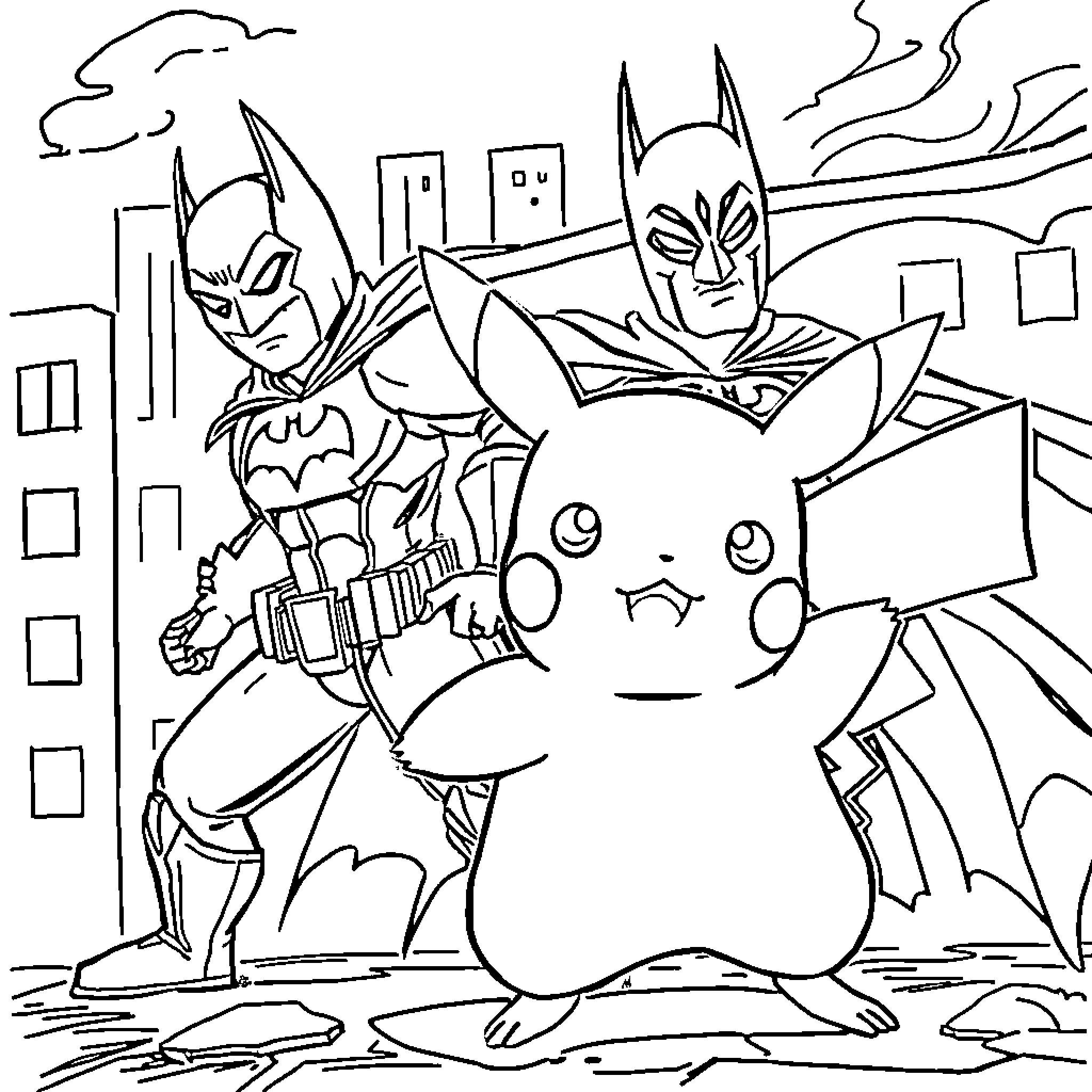 Pikachu meets Batman and Gotham City Coloring Page (free black-and-white line drawing printable PDF for all, from beginners to advanced learners, including children, teens, adults, and seniors)
