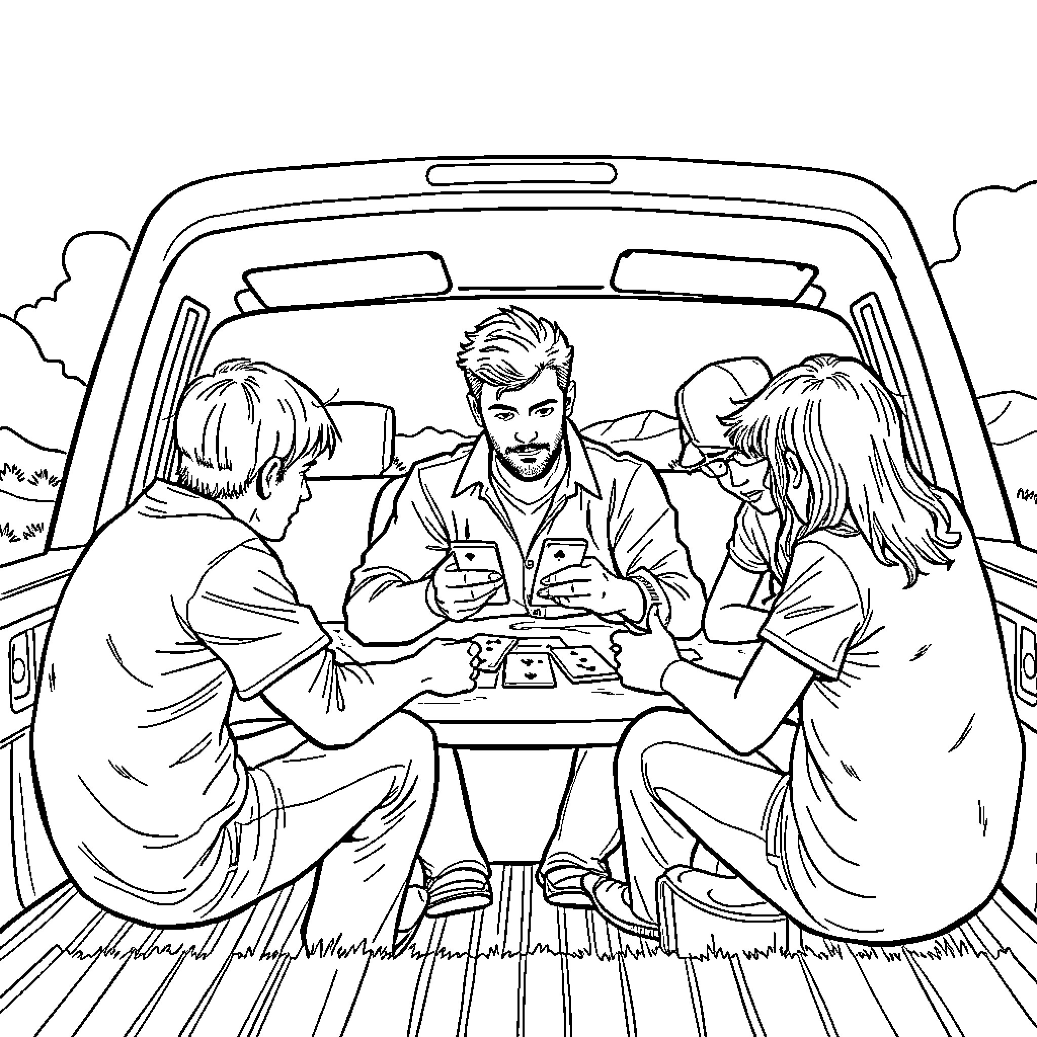 Guy enjoying outdoor picnic with friends in car Coloring Page (free black-and-white line drawing printable PDF for all, from beginners to advanced learners, including children, teens, adults, and seniors)