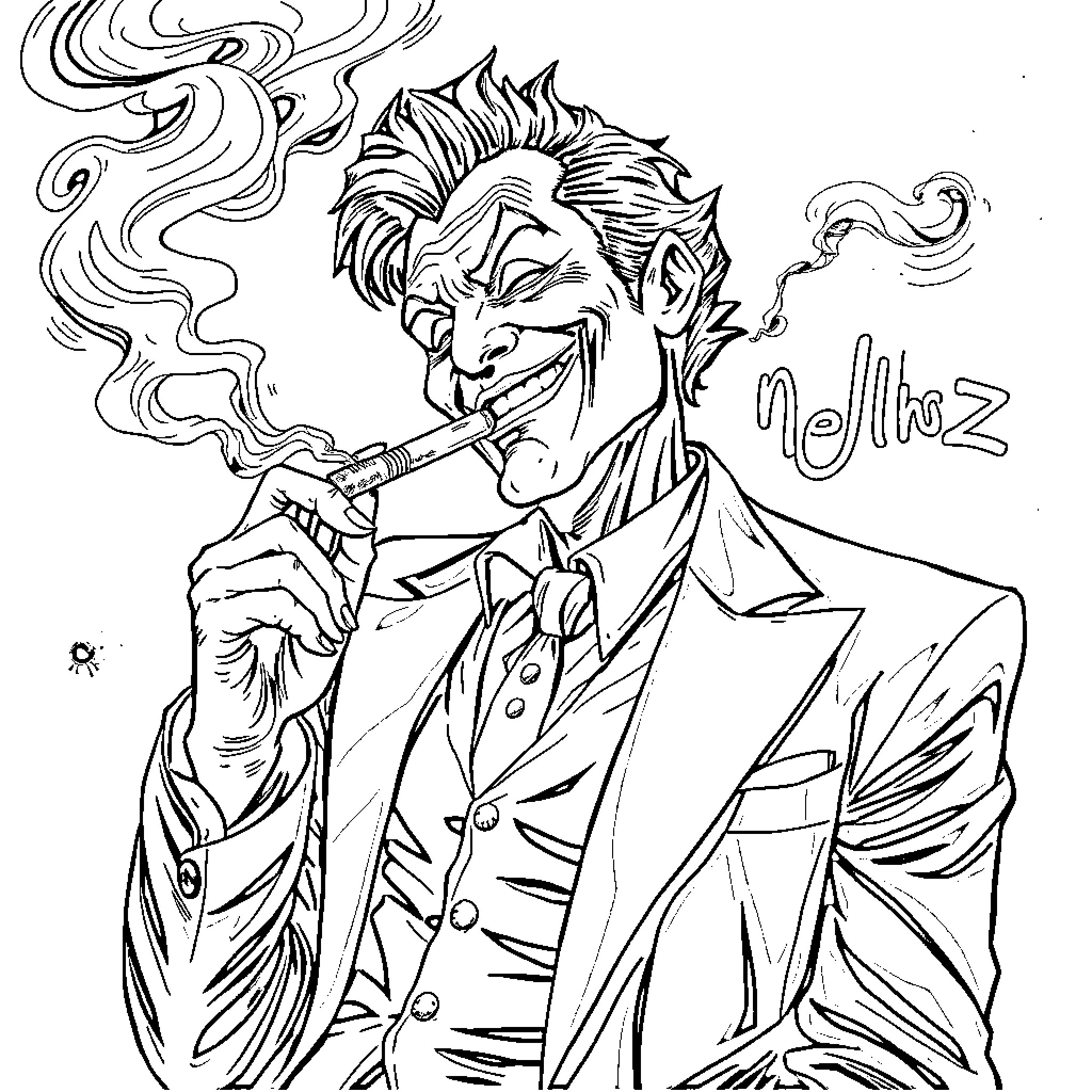 Joker in a mischievous pose with a cigar Coloring Page (free black-and-white line drawing printable PDF for all, from beginners to advanced learners, including children, teens, adults, and seniors)