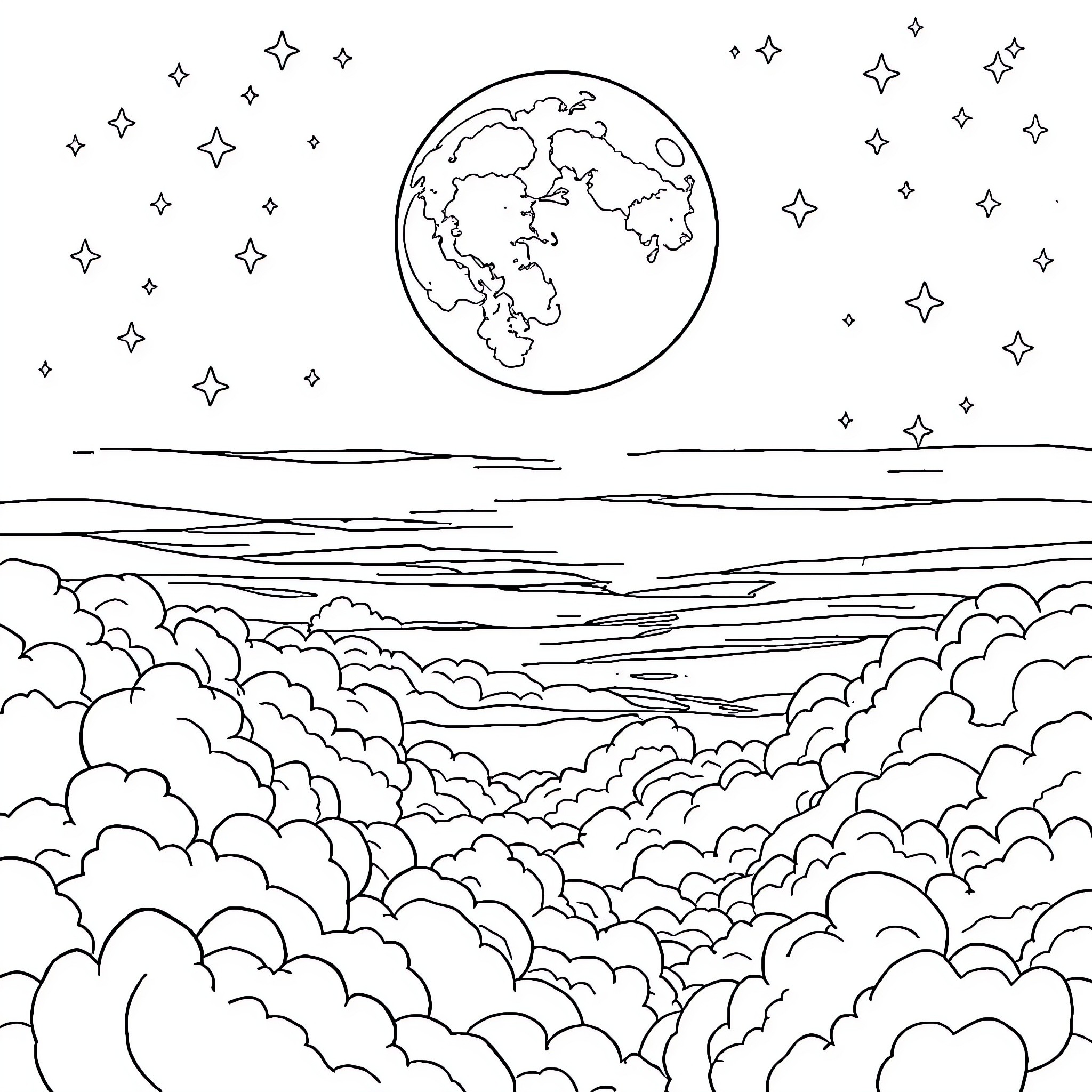 Sunset over the cloudy horizon Coloring Page (free black-and-white line drawing printable PDF for all, from beginners to advanced learners, including children, teens, adults, and seniors)