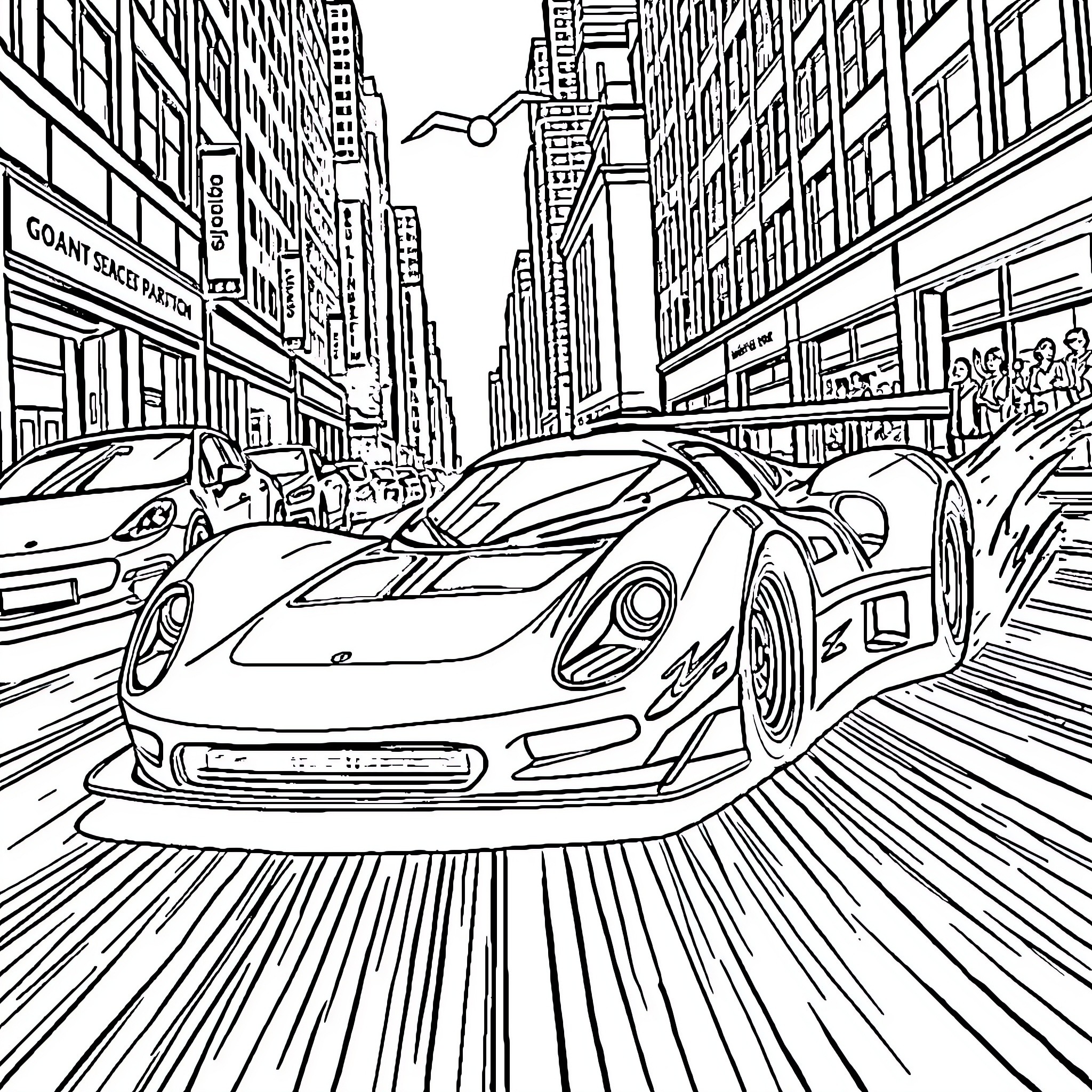Racing Cars Speeding Through the City Streets Coloring Page (free black-and-white line drawing printable PDF for all, from beginners to advanced learners, including children, teens, adults, and seniors)