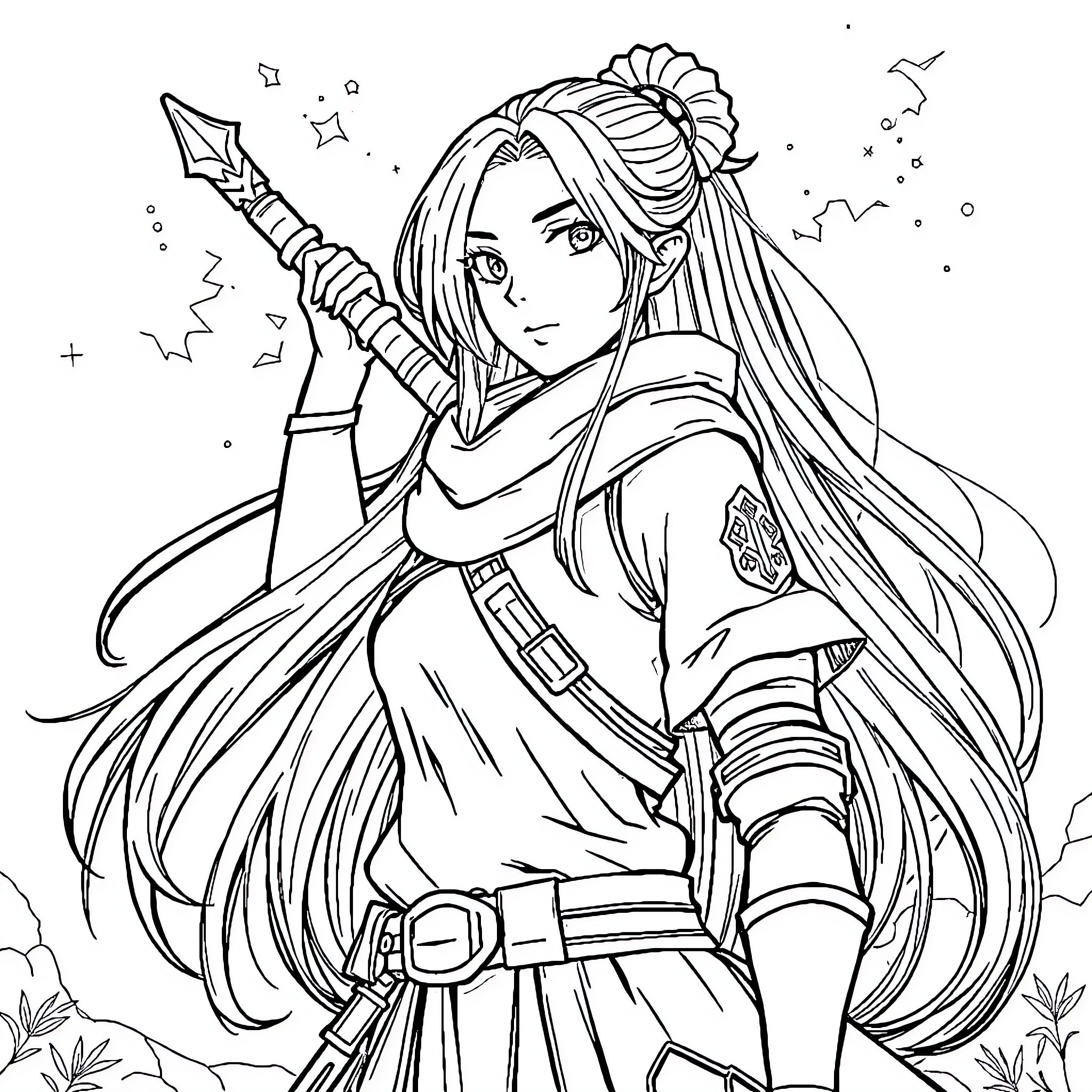 Asuna as a heroic fantasy warrior Coloring Page (free black-and-white line drawing printable PDF for all, from beginners to advanced learners, including children, teens, adults, and seniors)