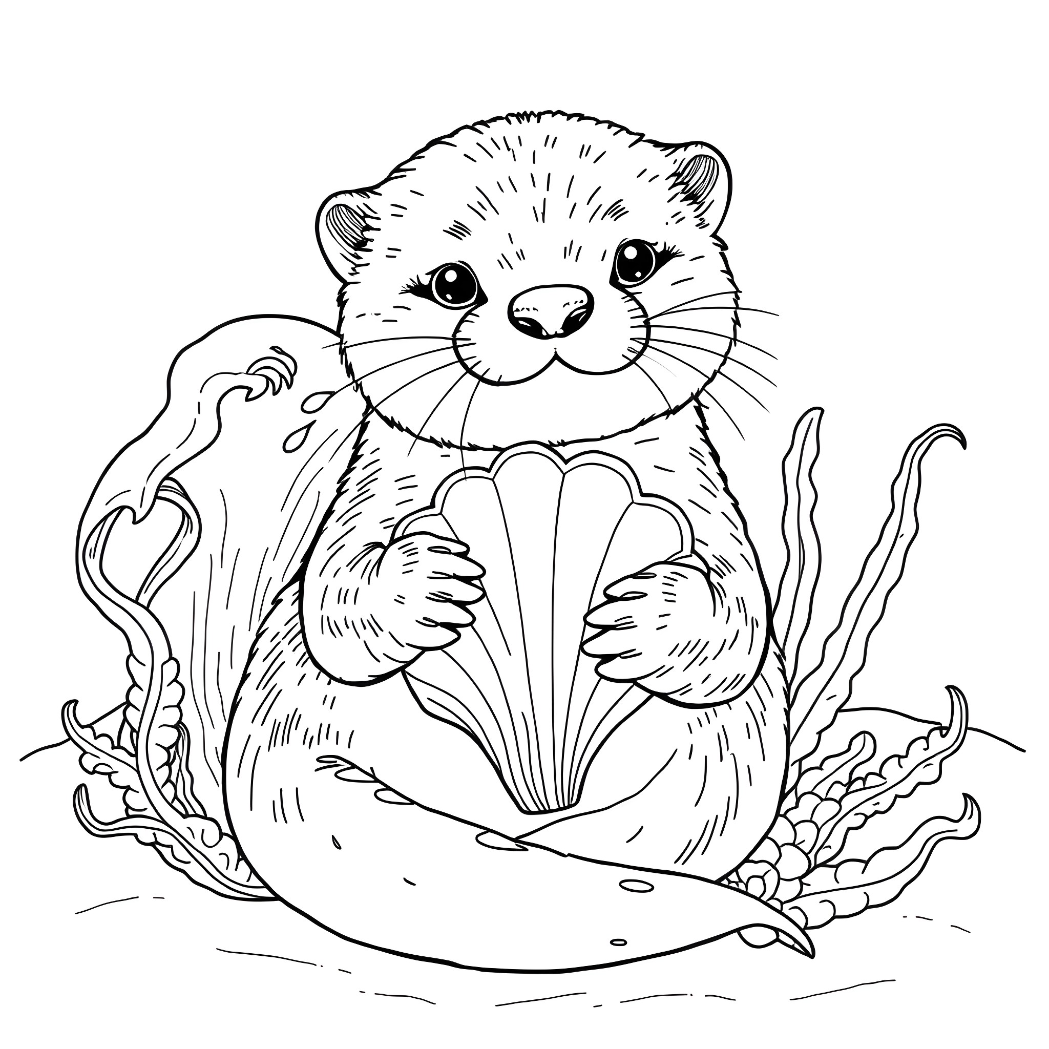 Otter holding a seashell in its paws Coloring Page (free black-and-white line drawing printable PDF for all, from beginners to advanced learners, including children, teens, adults, and seniors)