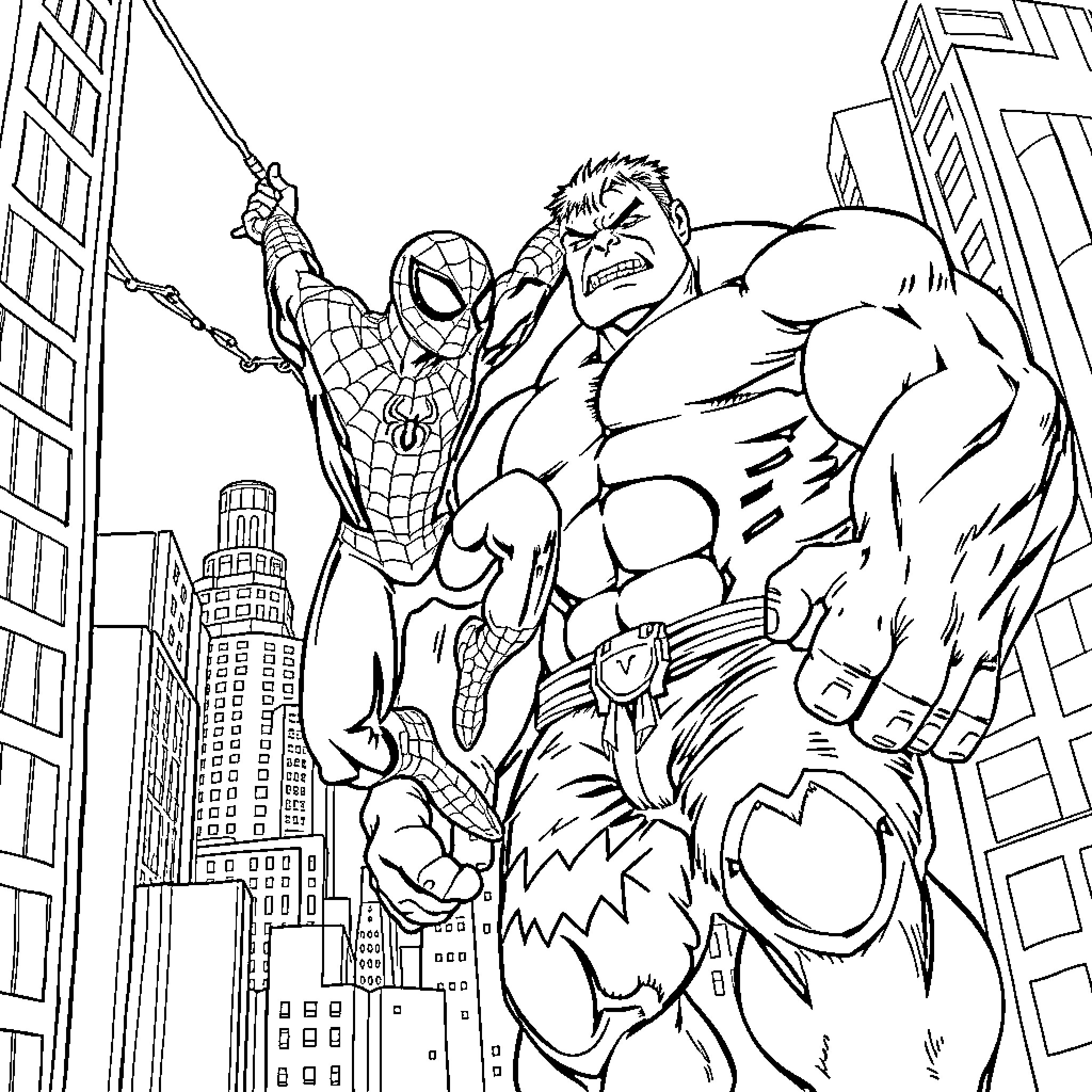 Spidy battles the Hulk in the city Coloring Page (free black-and-white line drawing printable PDF for all, from beginners to advanced learners, including children, teens, adults, and seniors)