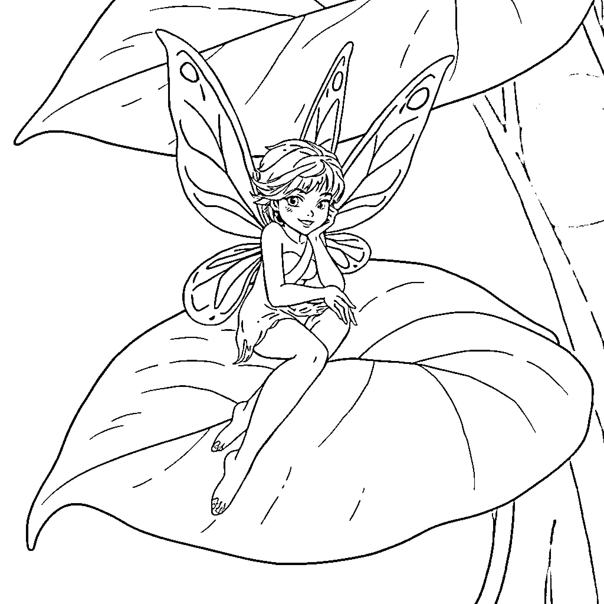 Fairy sitting on a large leaf in the forest Coloring Page (free black-and-white line drawing printable PDF for all, from beginners to advanced learners, including children, teens, adults, and seniors)