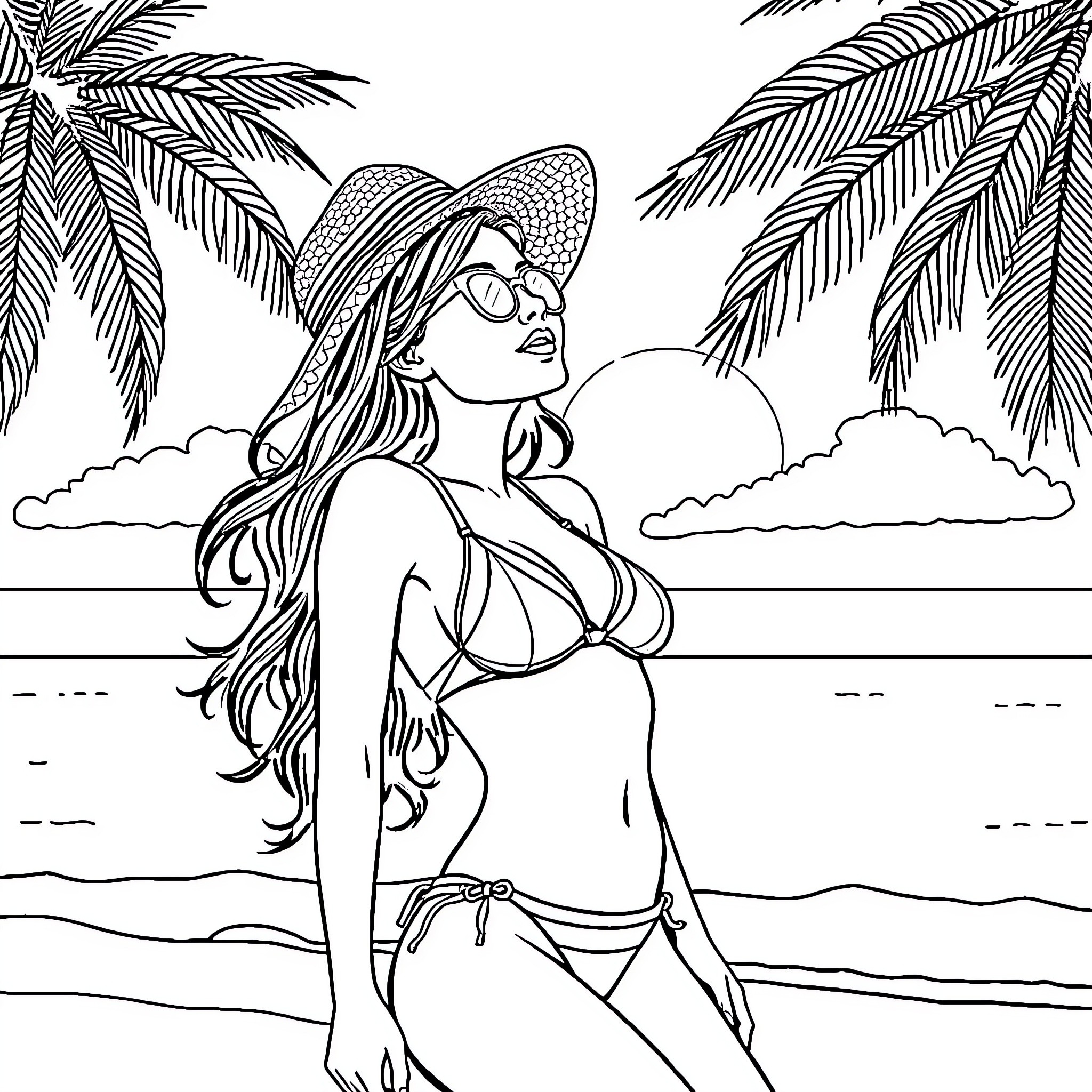 Girl relaxing on the beach in summer Coloring Page (free black-and-white line drawing printable PDF for all, from beginners to advanced learners, including children, teens, adults, and seniors)