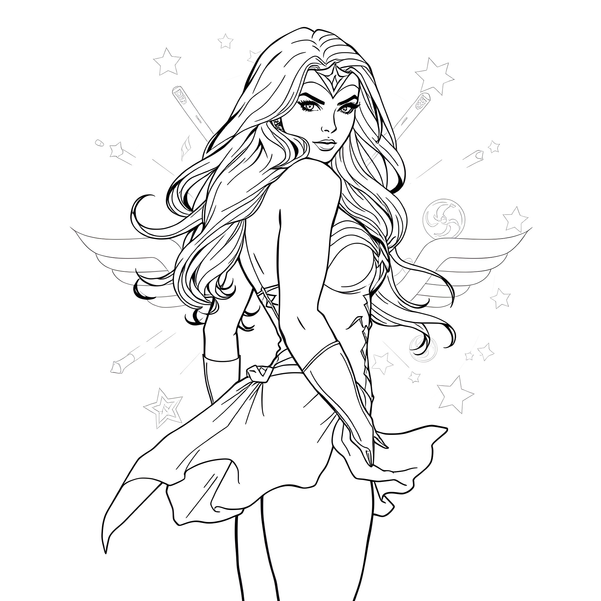 Wonder Woman standing heroically with flowing cape and costume Coloring Page (free black-and-white line drawing printable PDF for all, from beginners to advanced learners, including children, teens, adults, and seniors)