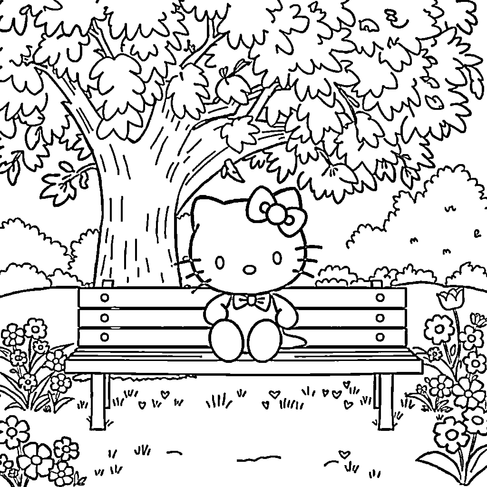 Hello Kitty relaxing on a park bench Coloring Page (free black-and-white line drawing printable PDF for all, from beginners to advanced learners, including children, teens, adults, and seniors)