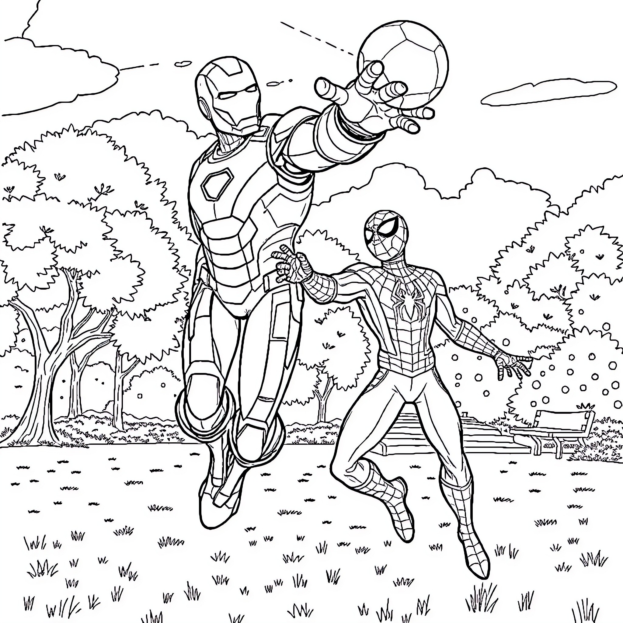 Iron Man and Spider-Man battle in the woods Coloring Page (free black-and-white line drawing printable PDF for all, from beginners to advanced learners, including children, teens, adults, and seniors)