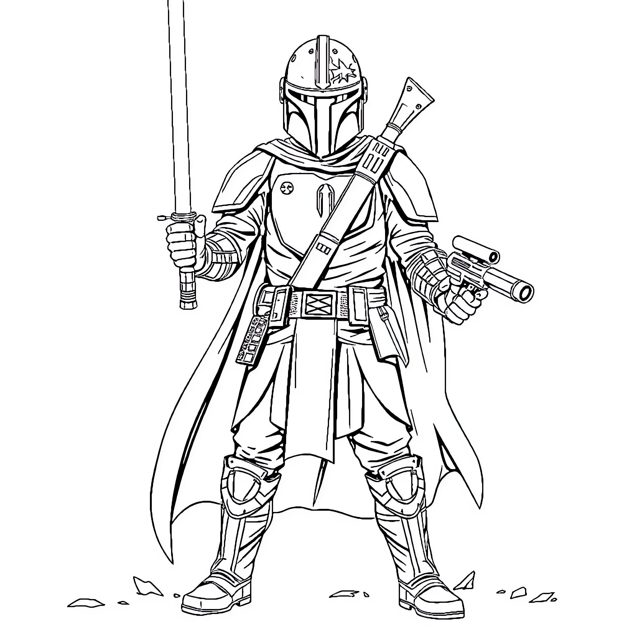 Luke Skywalker as a Galactic Bounty Hunter Coloring Page (free black-and-white line drawing printable PDF for all, from beginners to advanced learners, including children, teens, adults, and seniors)